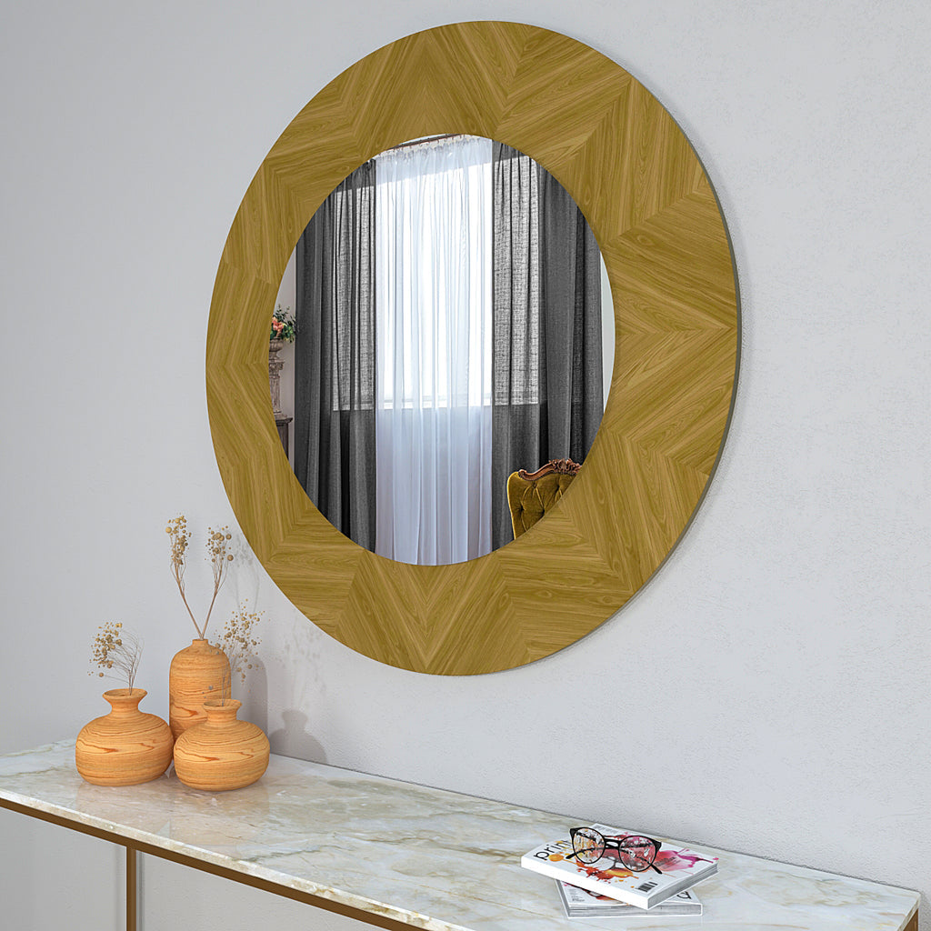 Wooden Framed Round Mirror