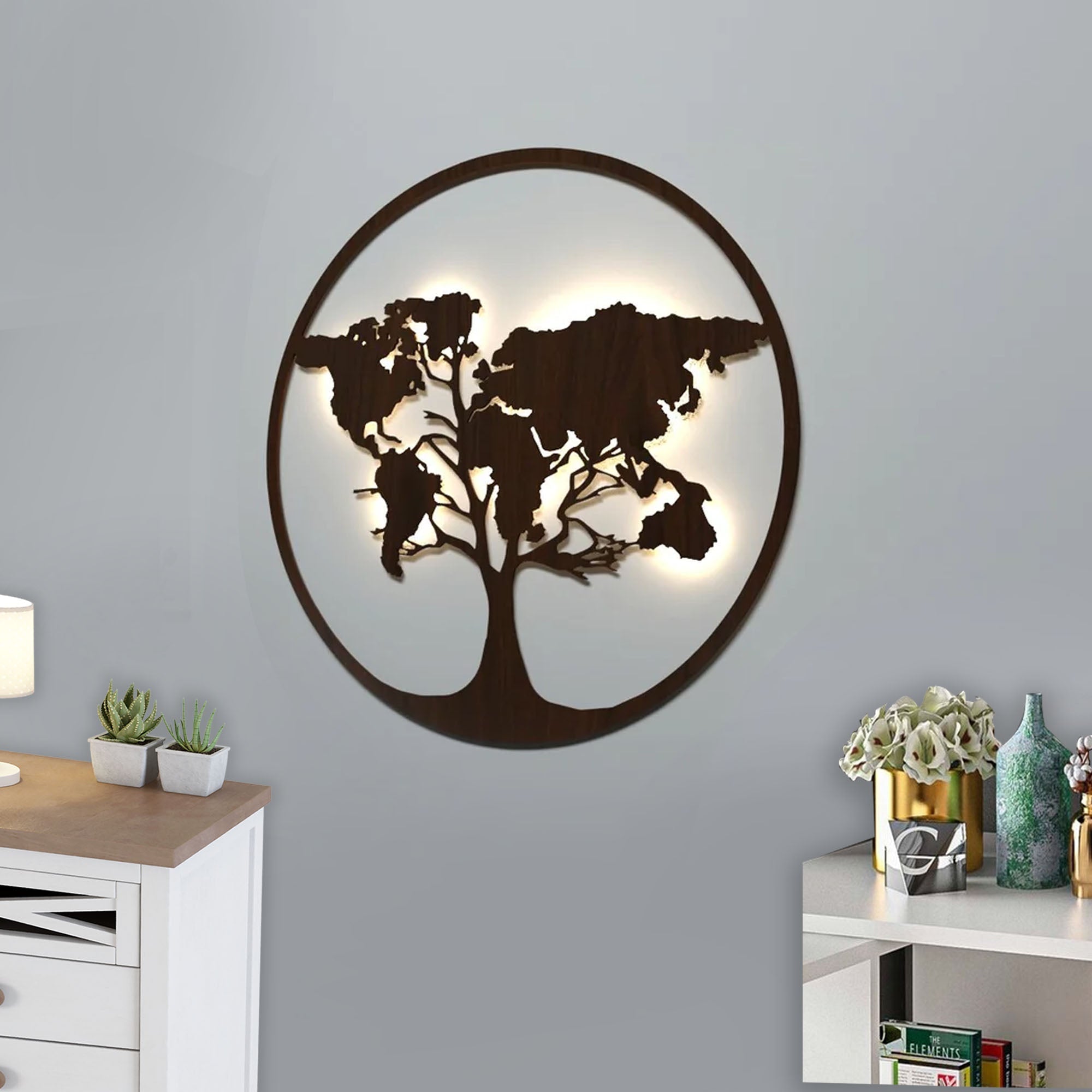 Designer World Map Tree Backlit Wooden Wall Art