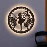 Fairy Butterfly Angel Backlit Wooden Wall Hanging with LED Night Light Walnut Finish