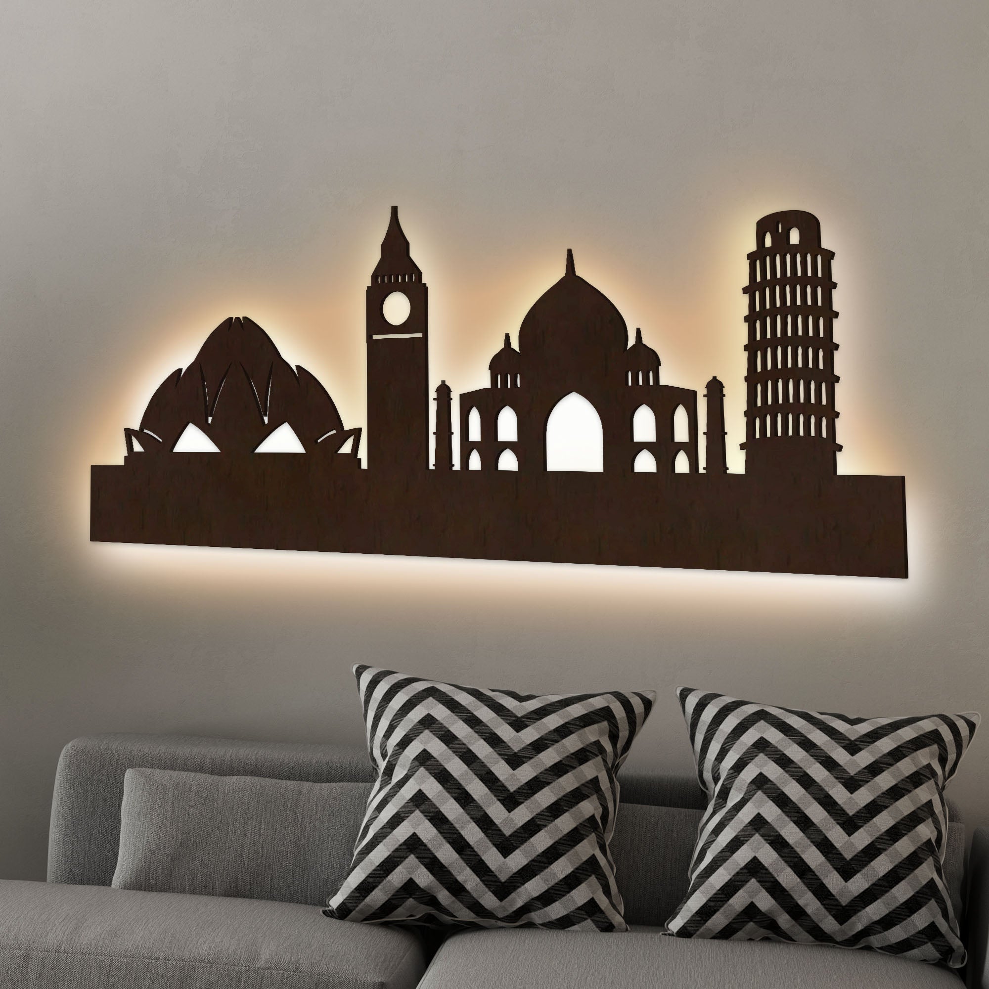 Famous Architectures Backlit Design Wooden Wall Hanging
