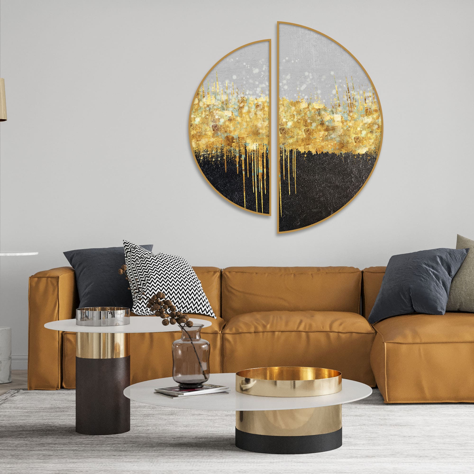 Golden Abstract Glitter Splash Art Semi Circle Frames Set Of 2