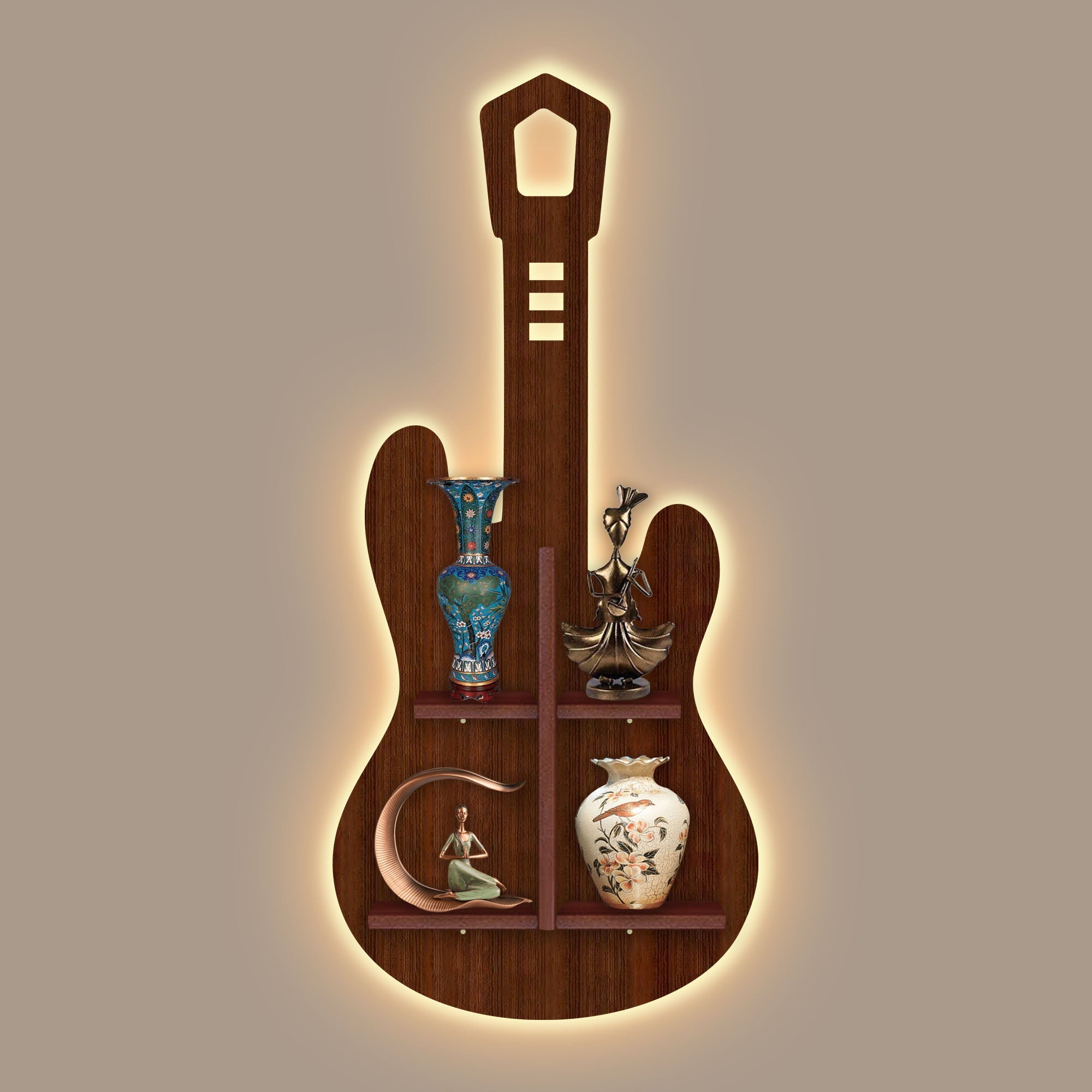 Guitar Shape Wooden Wall Shelf LED Light Wall Shelf with Walnut Finish