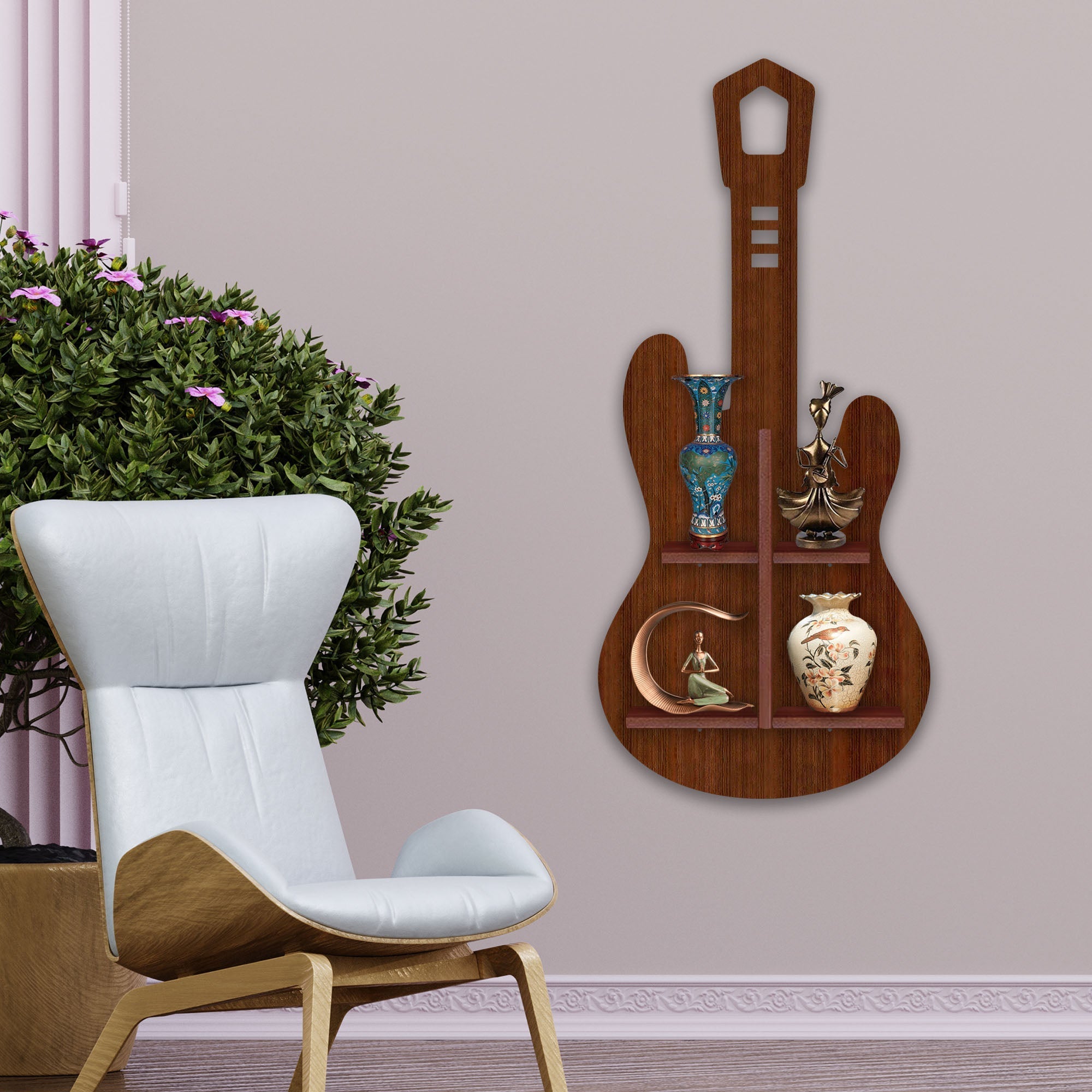 Guitar Shape Wooden Wall Shelf LED Light Wall Shelf