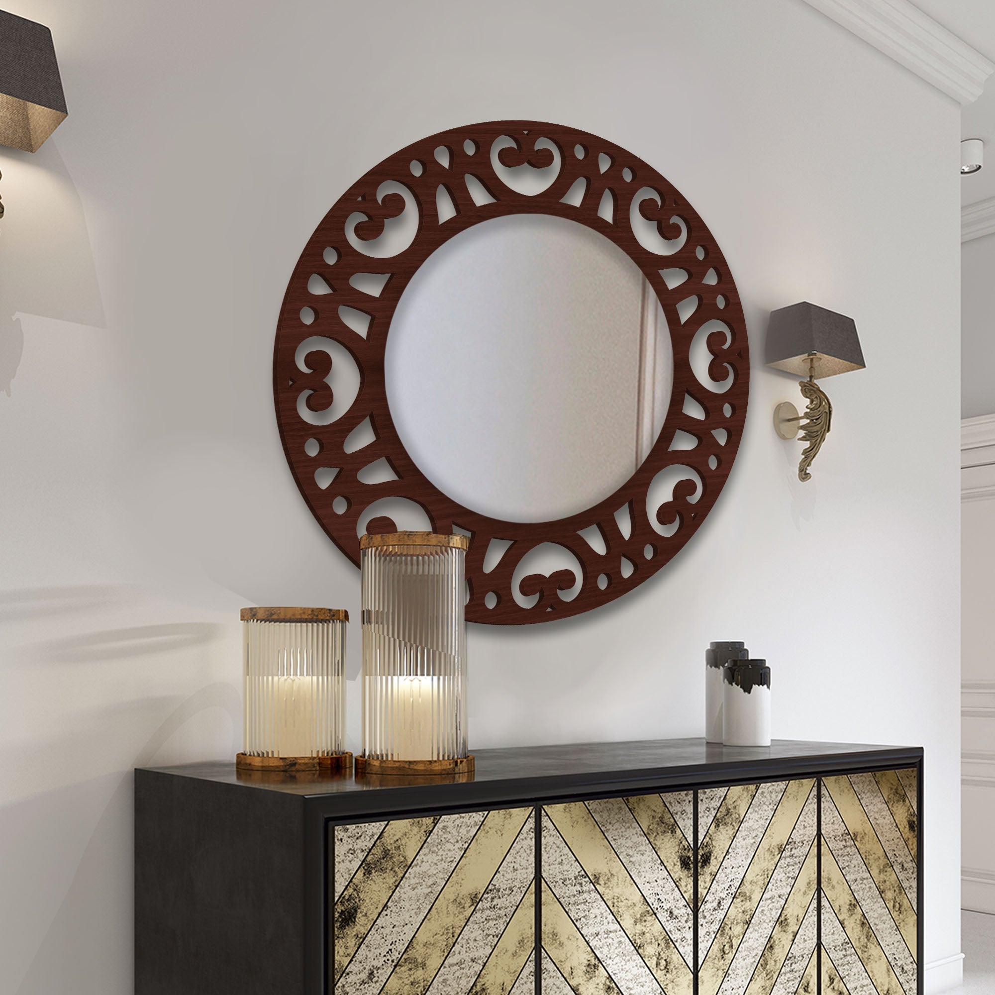 Round Shape Wooden Wall Mirror