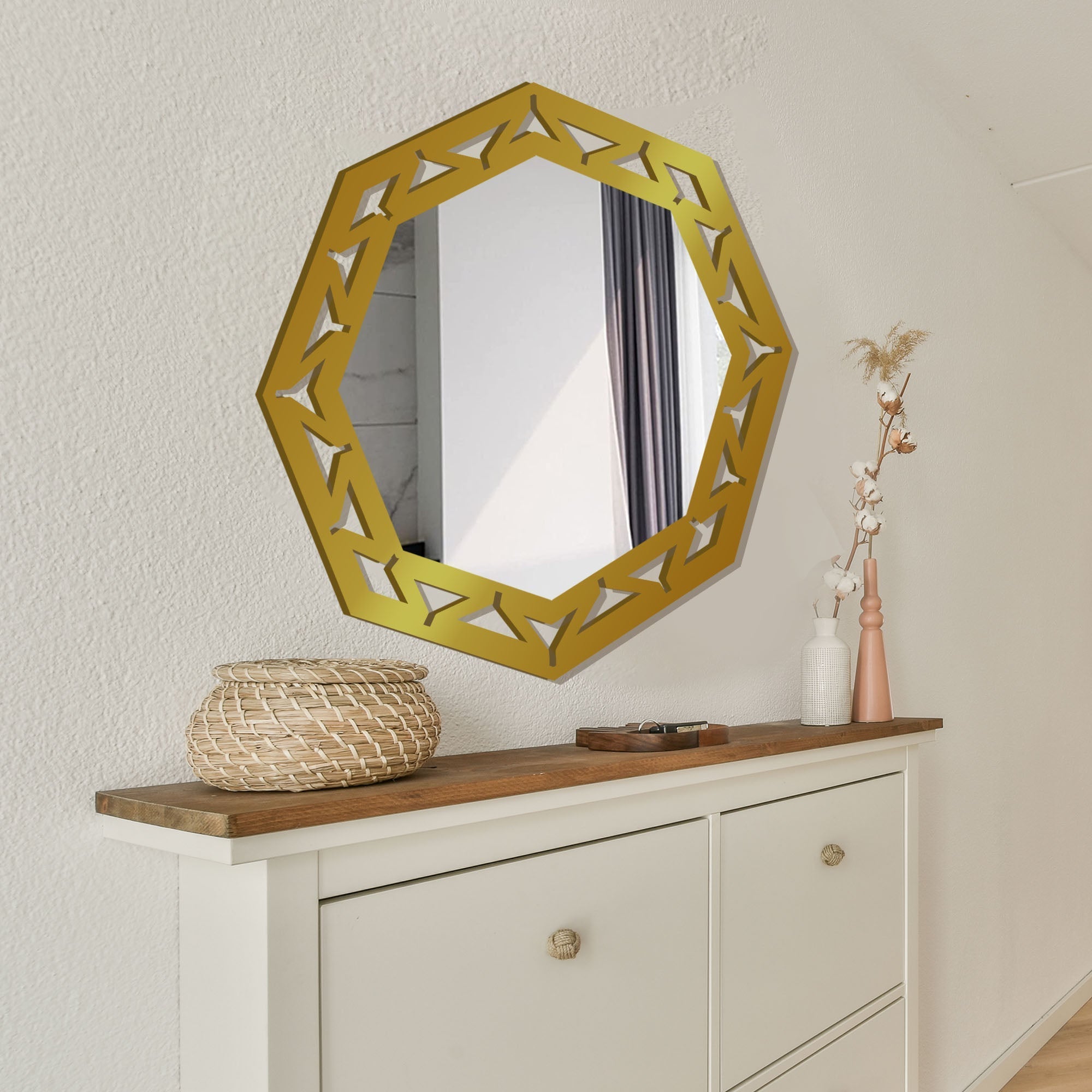 Hexagonal Shape Modern Decorative Wooden Wall Mirror