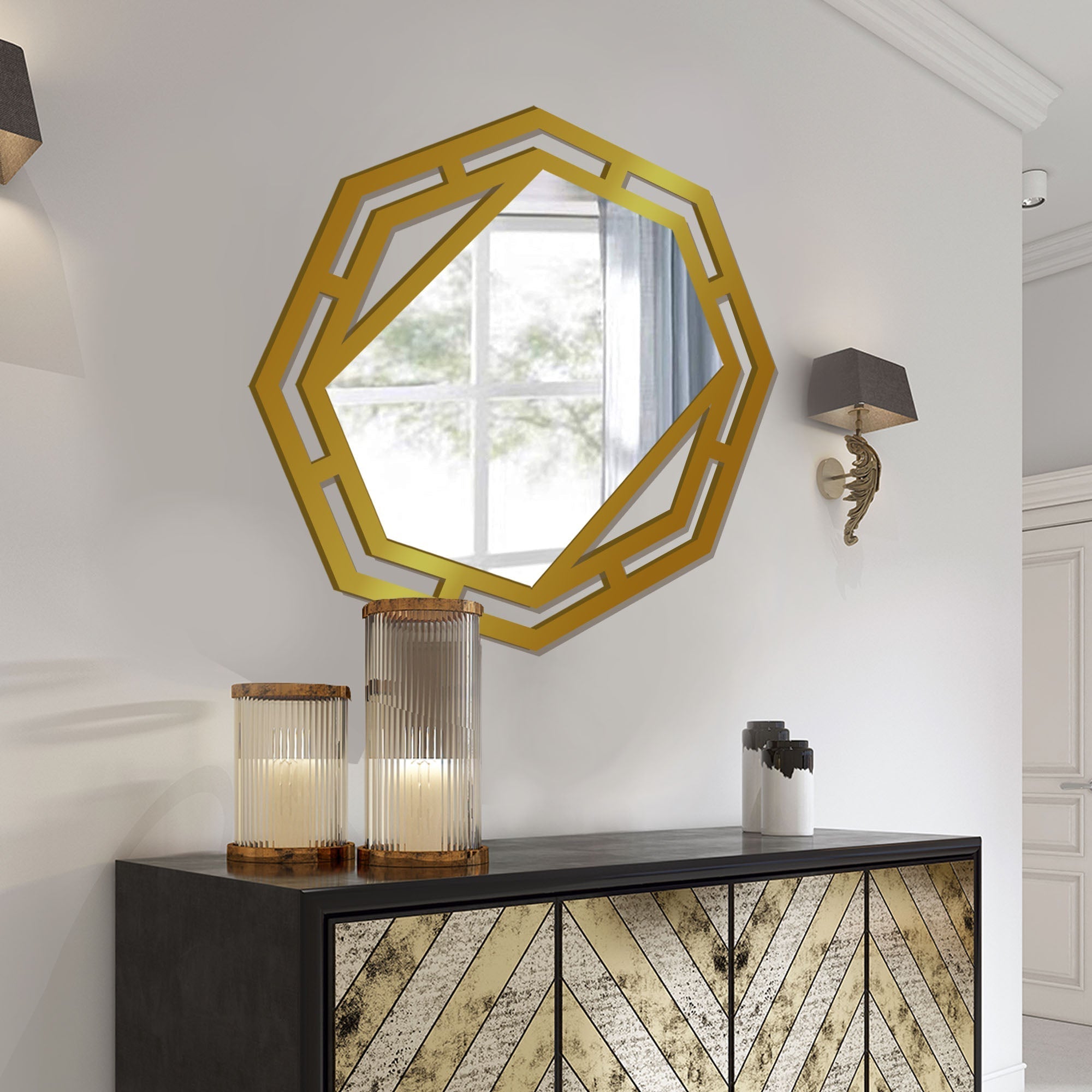 Hexagonal Shape Modern Stylish Decorative Wooden Wall Mirror