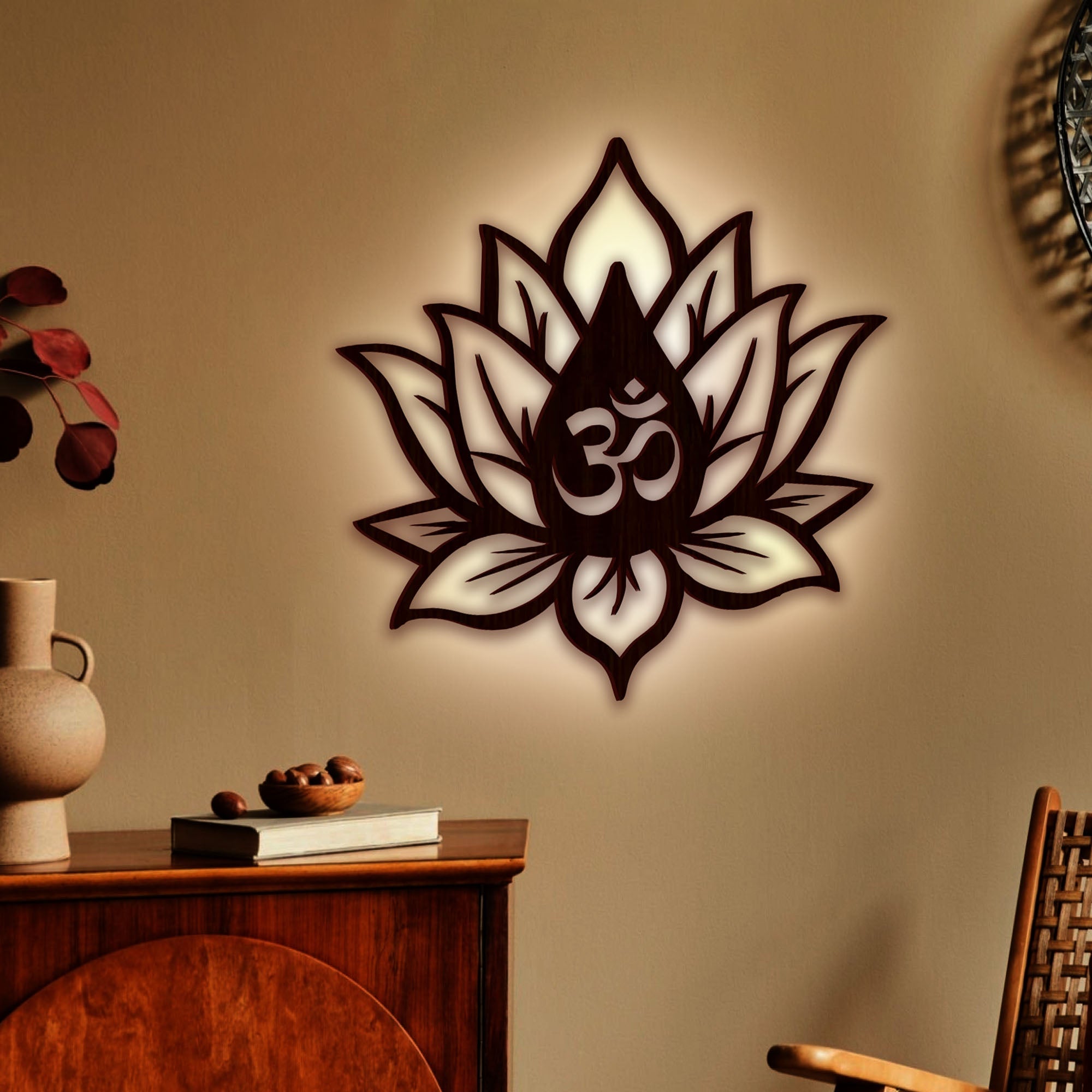 Hindu OM inside Lotus Flower Backlit Wooden Wall Decor