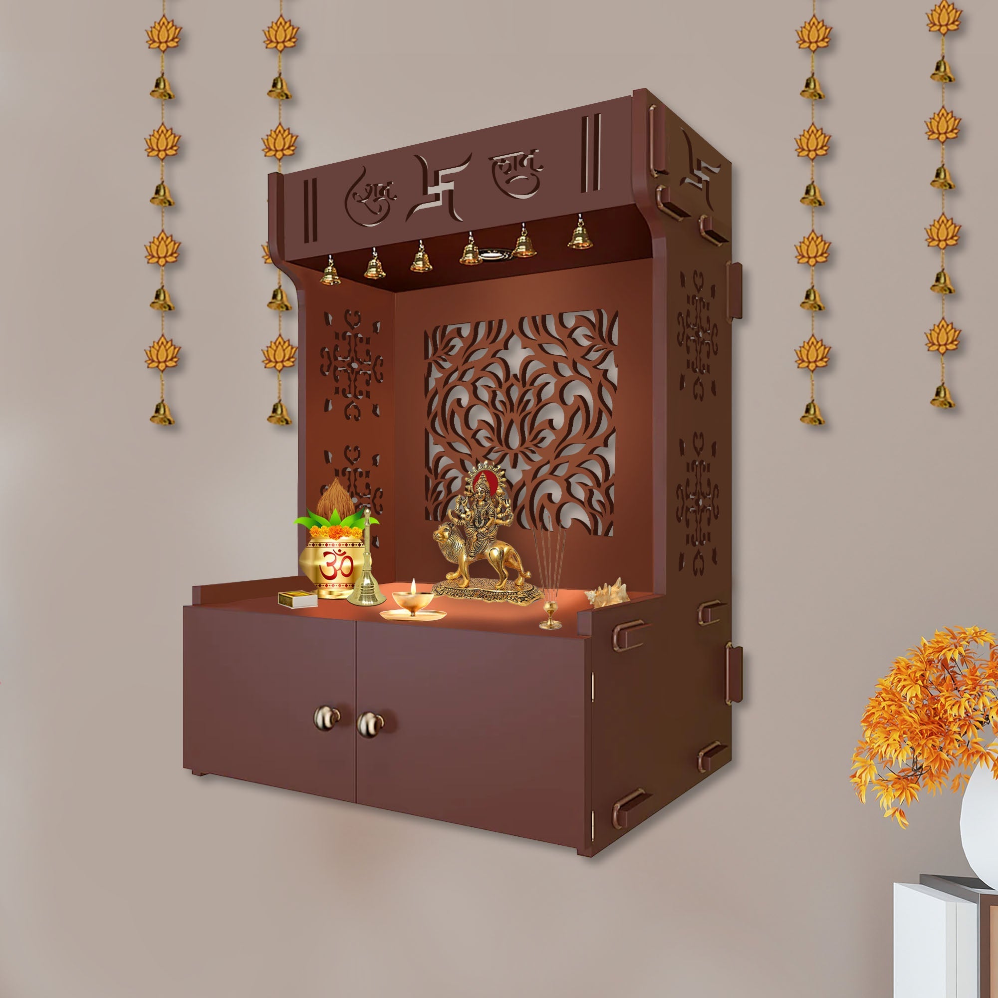 Hindu Religious Brown Wooden Wall Temple