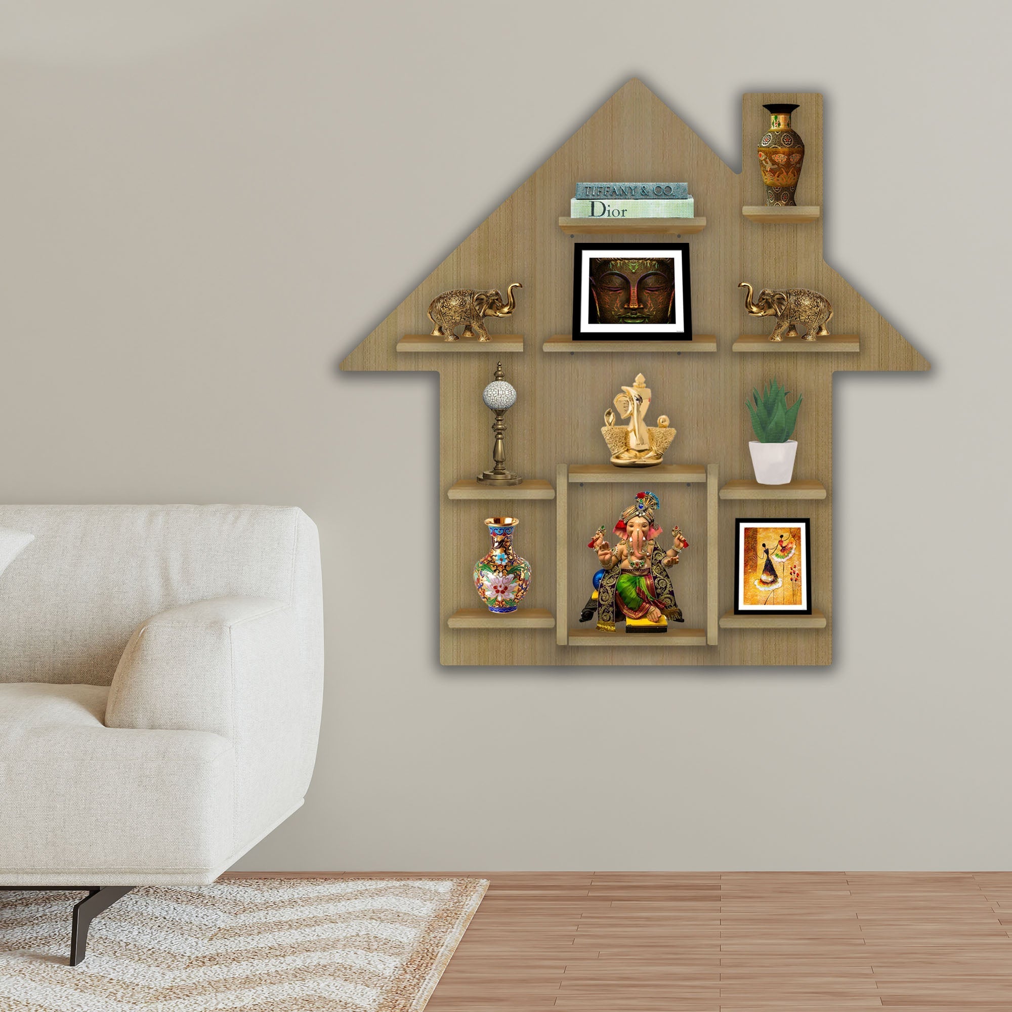 Wooden Wall Storage Shelves with LED Light Oak Finish