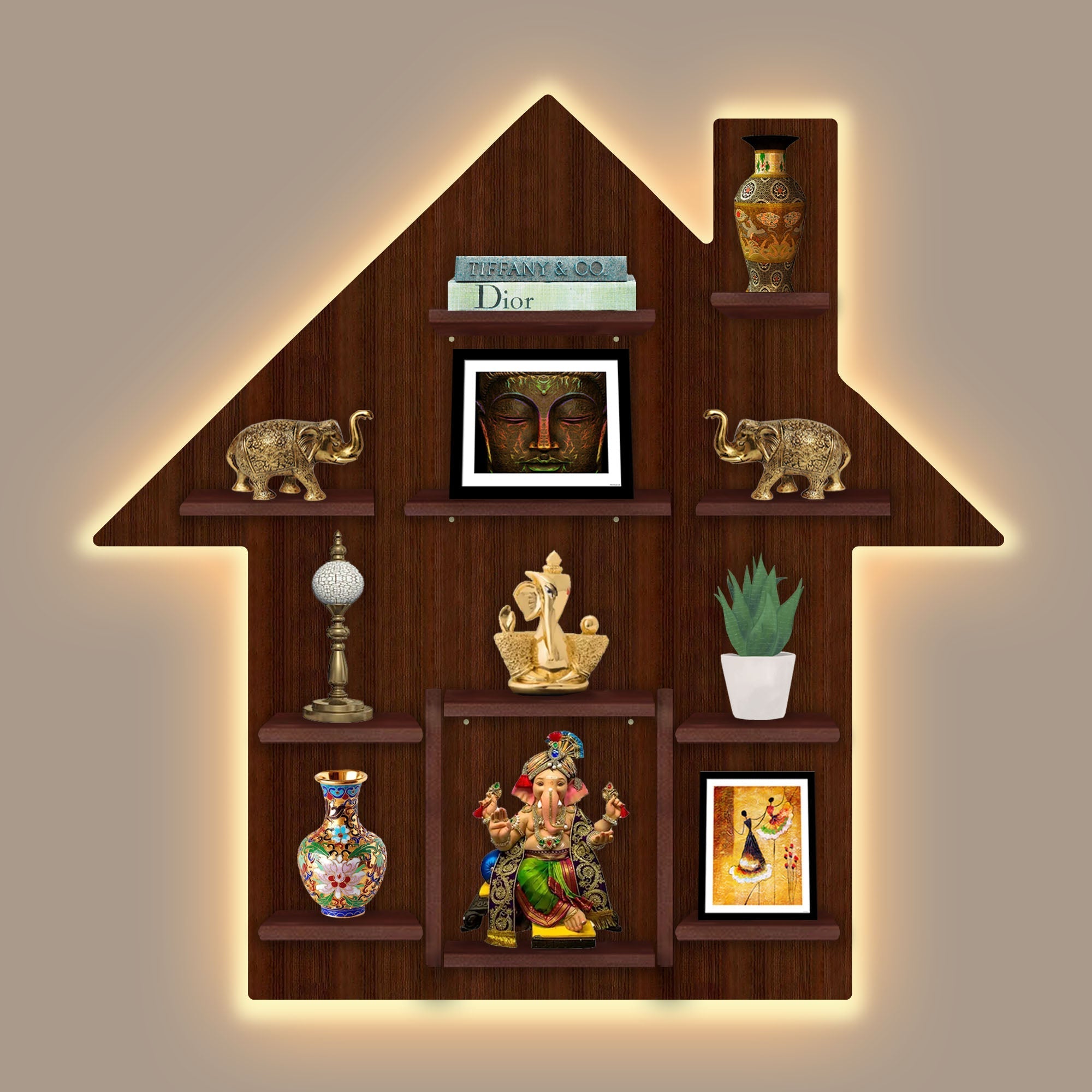 Hut Shape Wooden Wall Storage Shelves with LED Light Walnut Finish