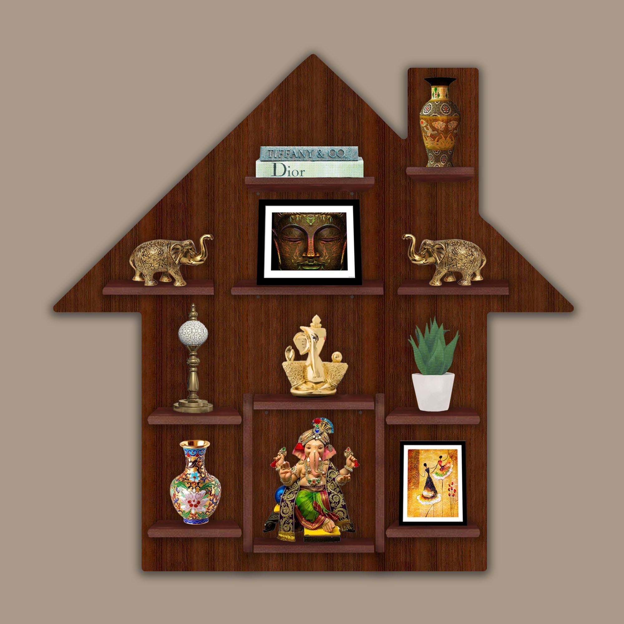 Wall Storage Shelves with LED Light Walnut Finish