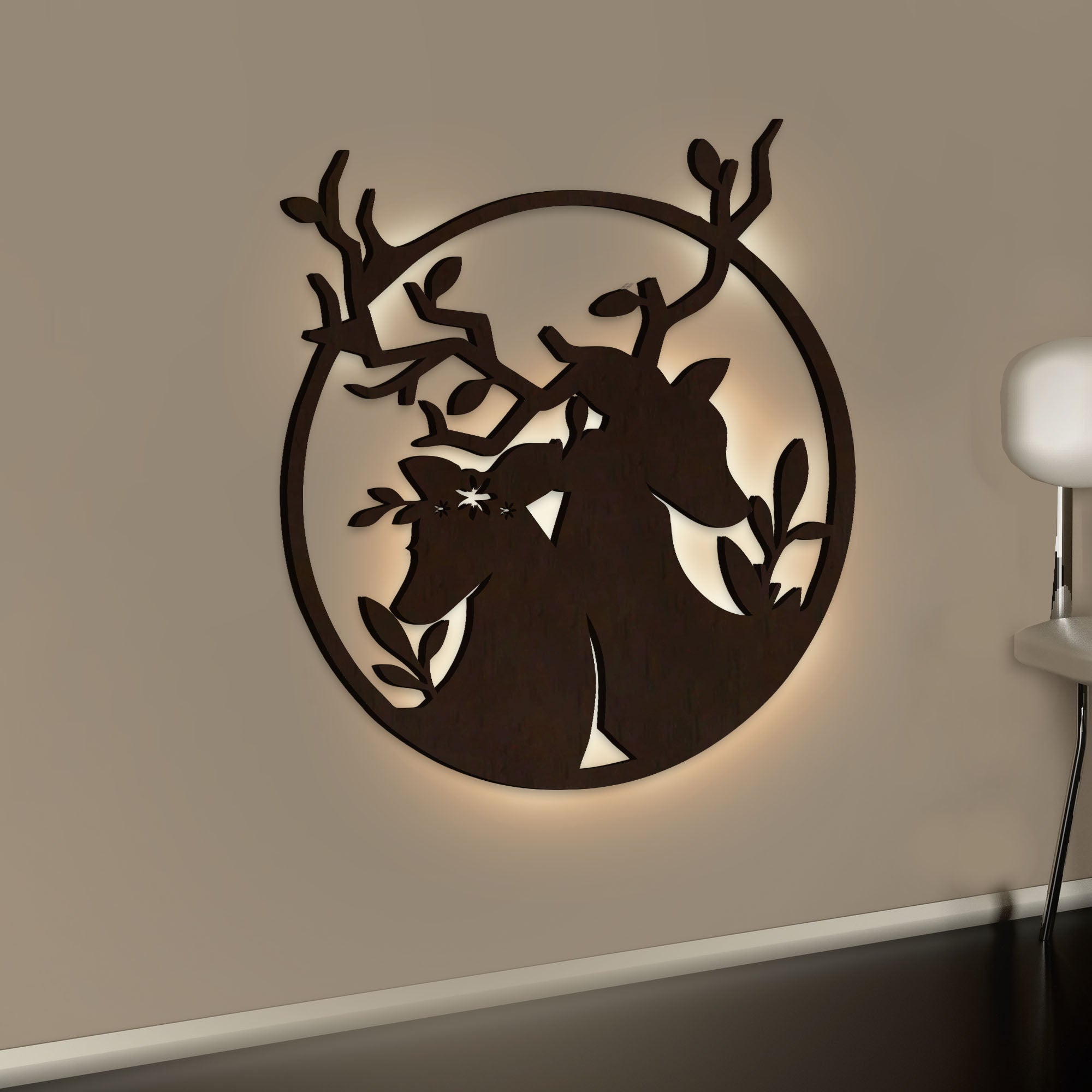 Loving Deer in Round Shaped Backlit Wooden Wall Decor