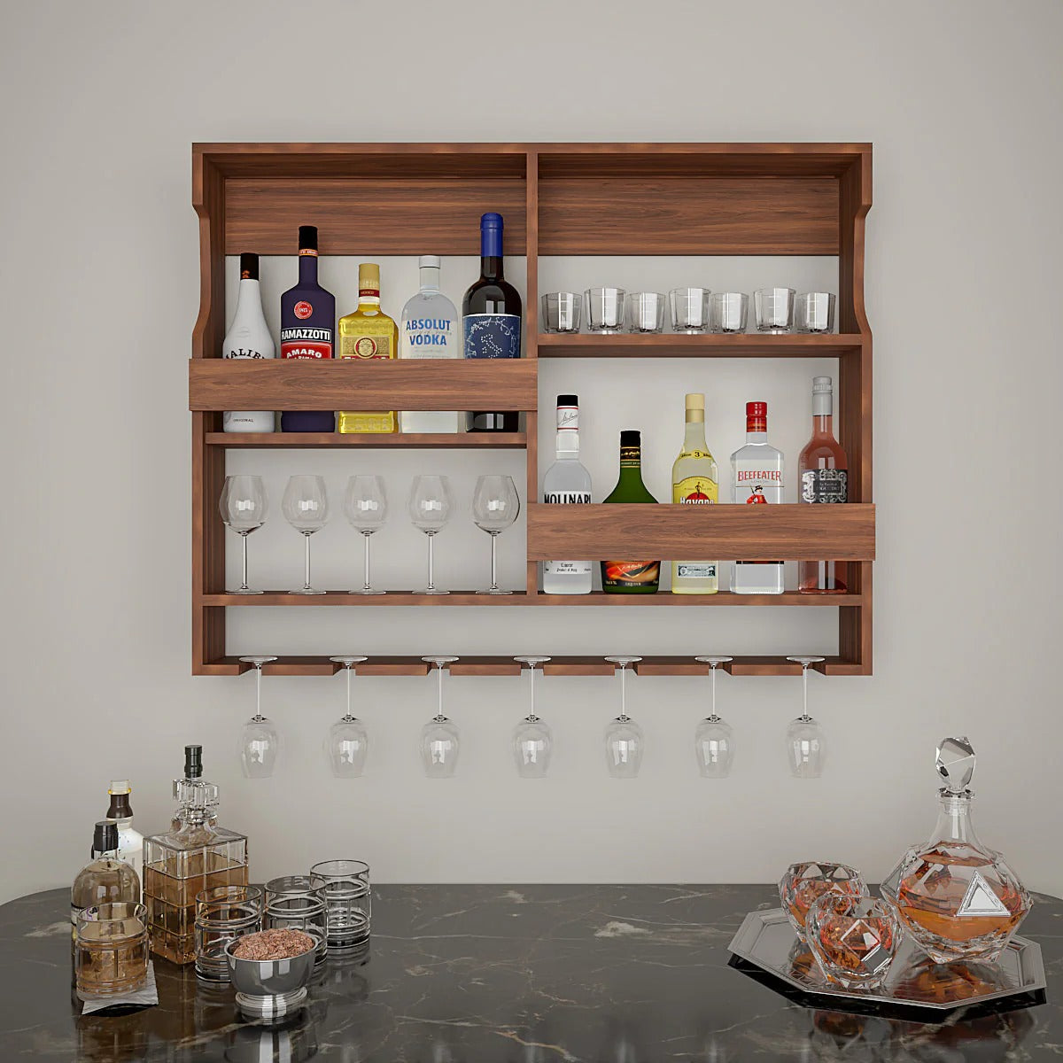 Style Backlit Walnut Finished Mini Bar Shelf