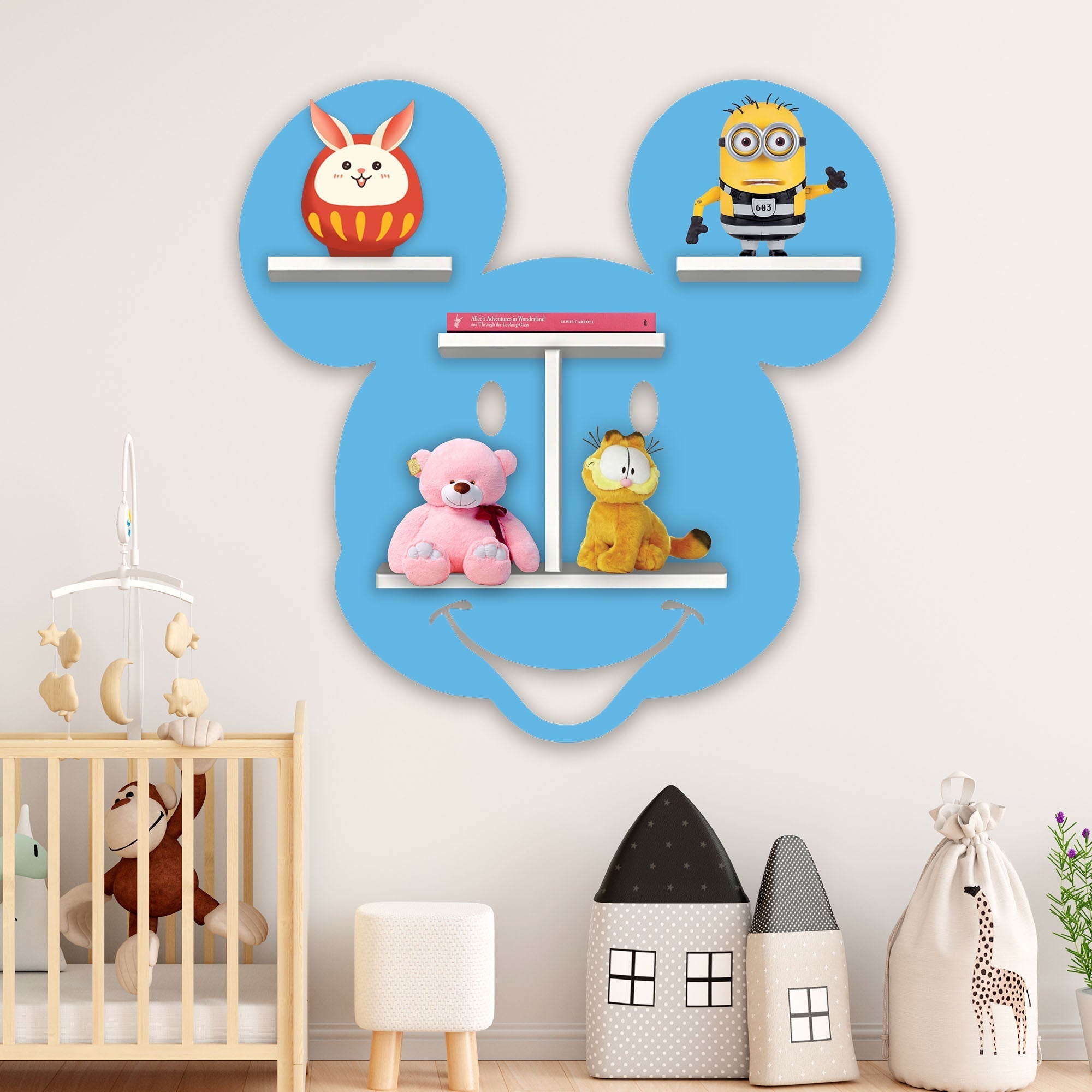 Mickey Mouse Face Shape Wooden LED Light Wall Shelf