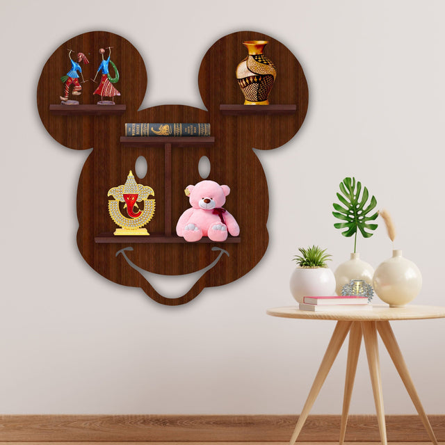 Face Shape Wooden LED Light Wall Shelf with Walnut Finish