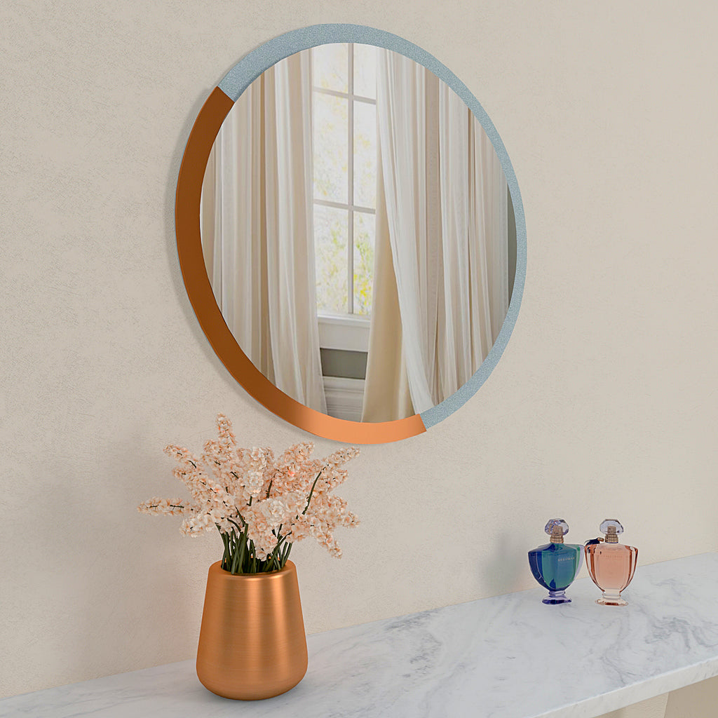 Copper & Silver Finish Round Wooden Wall Mirror