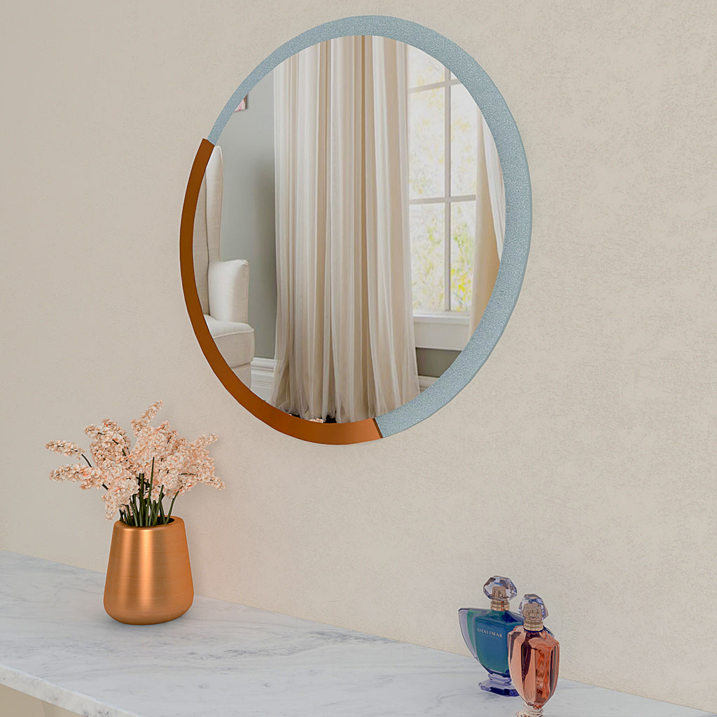 Copper & Silver Finish Round Wooden Wall Mirror