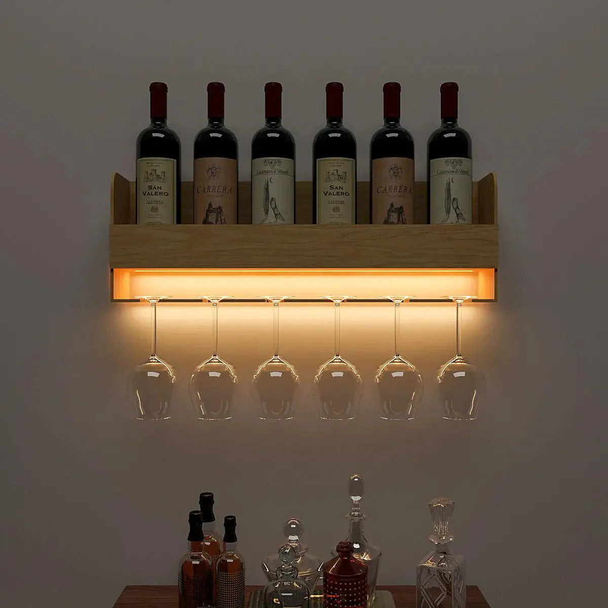 Minimalistic Design Backlit Wall Mounted Mini Bar Shelf in Light Oak F ...