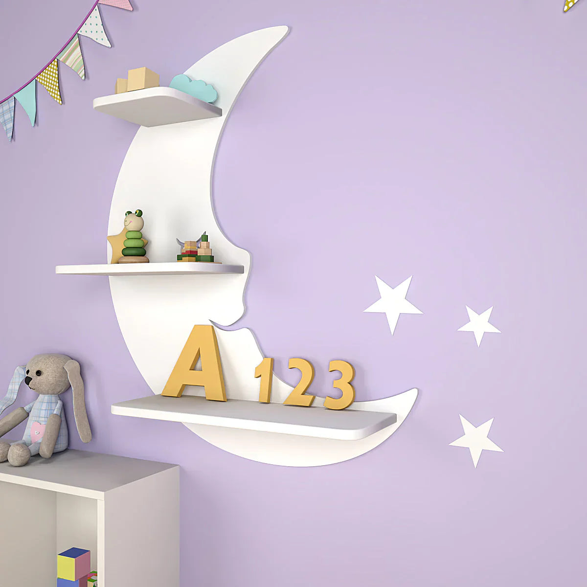 Sparkle Moon Wooden Wall Shelf for Kids