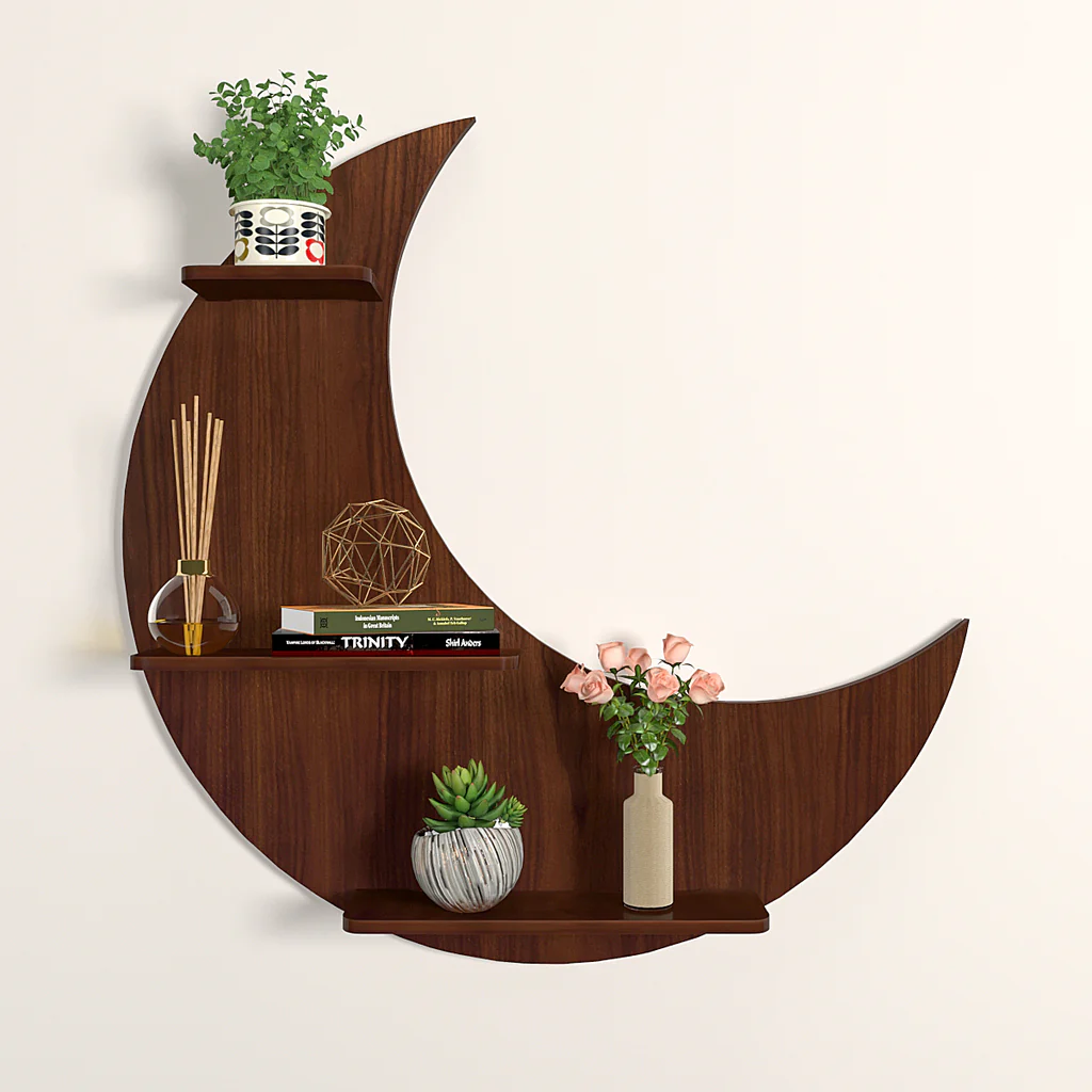 Moon Backlit Designer Wooden Wall Shelf