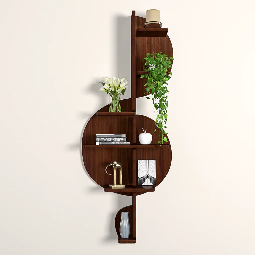 Designer Wooden Wall Shelf / Book Shelf / Night Light, Walnut Finish