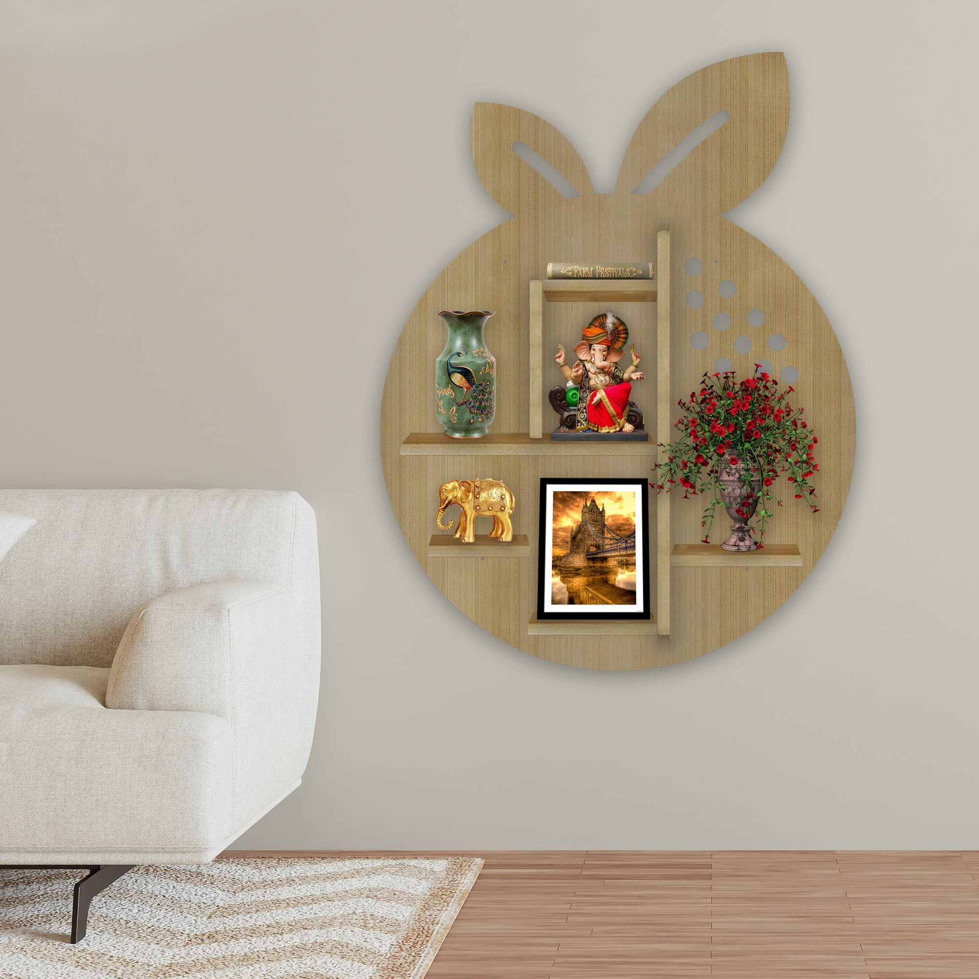 Wooden LED Light Wall Shelf with Oak Finish