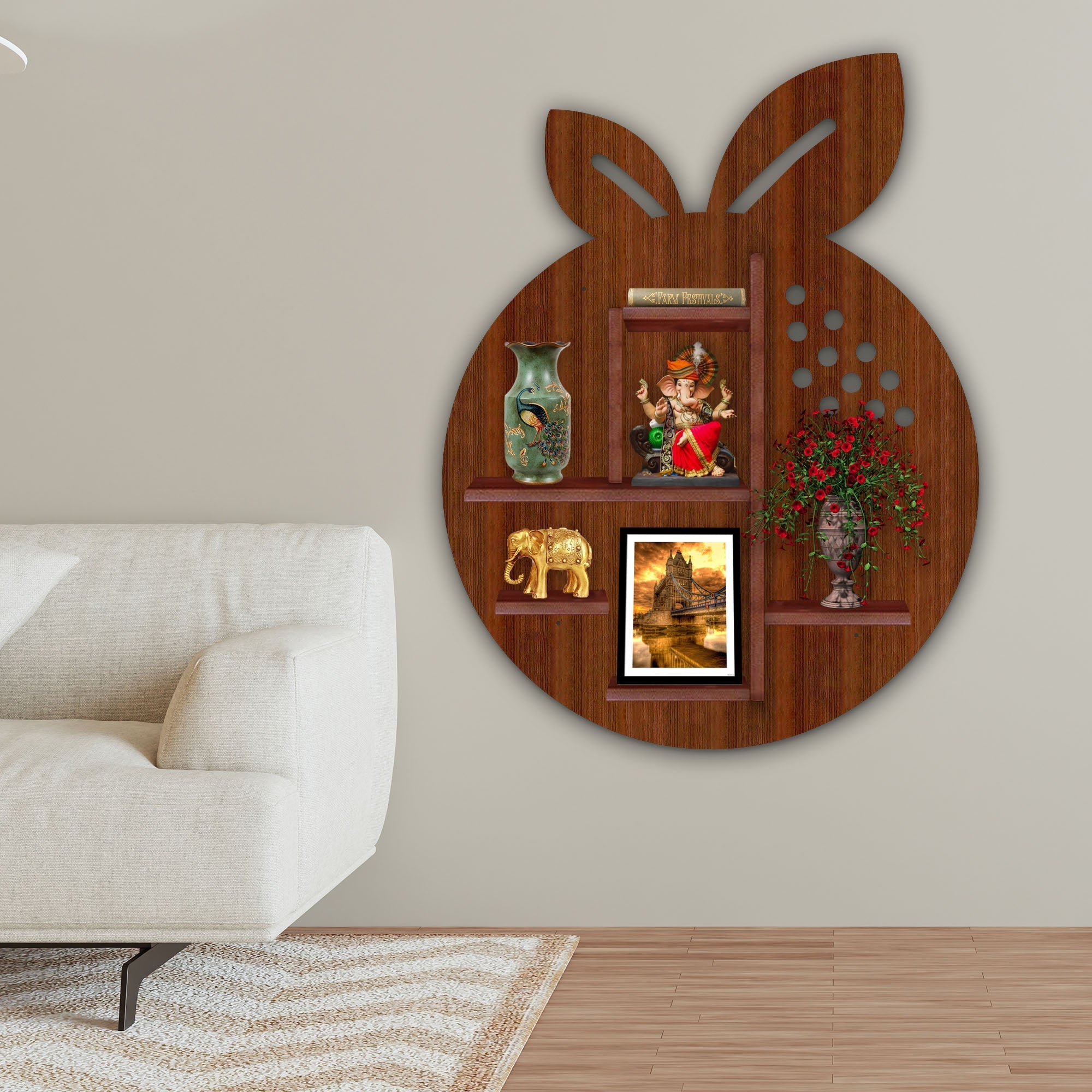 Wooden LED Light Wall Shelf with Walnut Finish