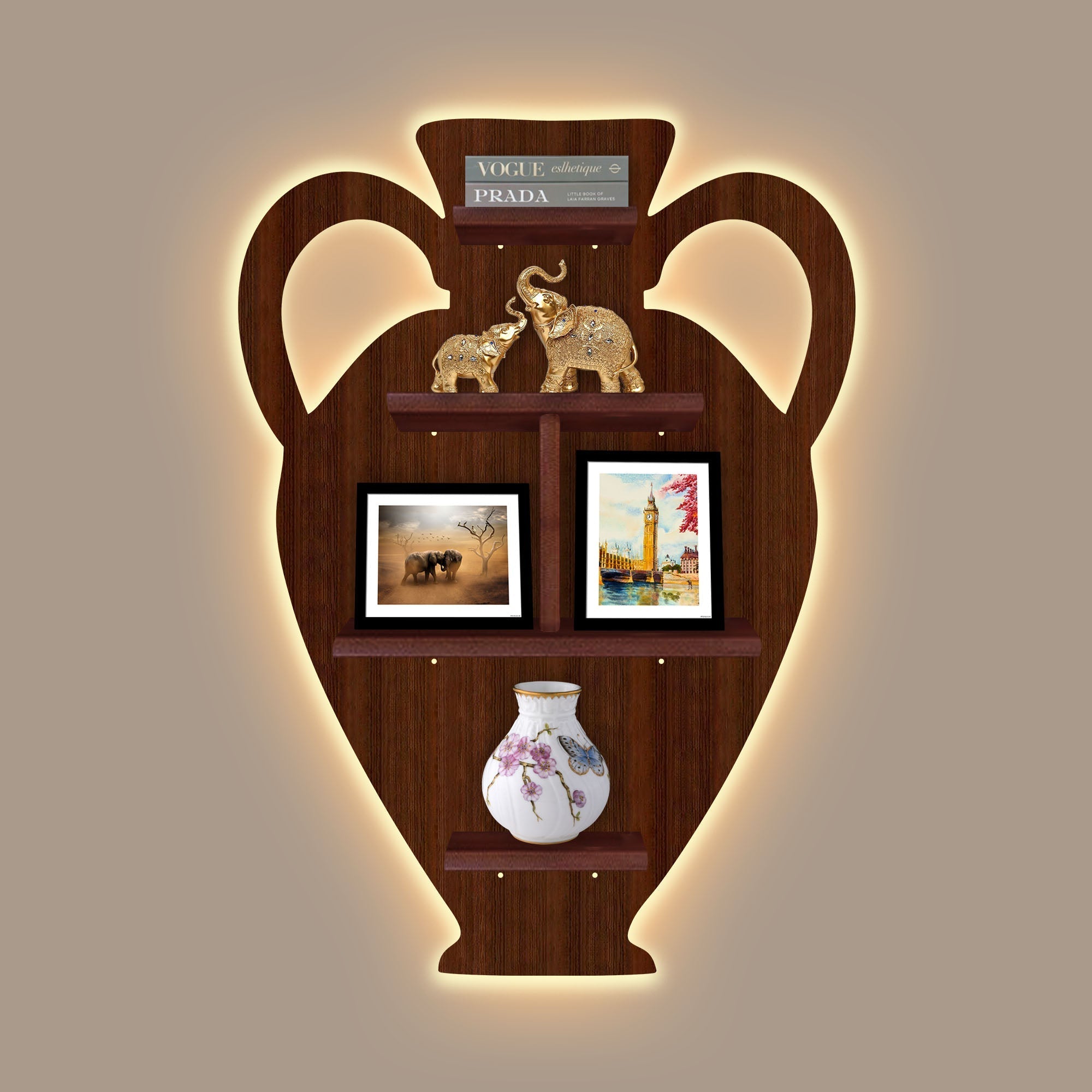 Pitcher Shape Wooden LED Light Wall Shelf with Walnut Finish