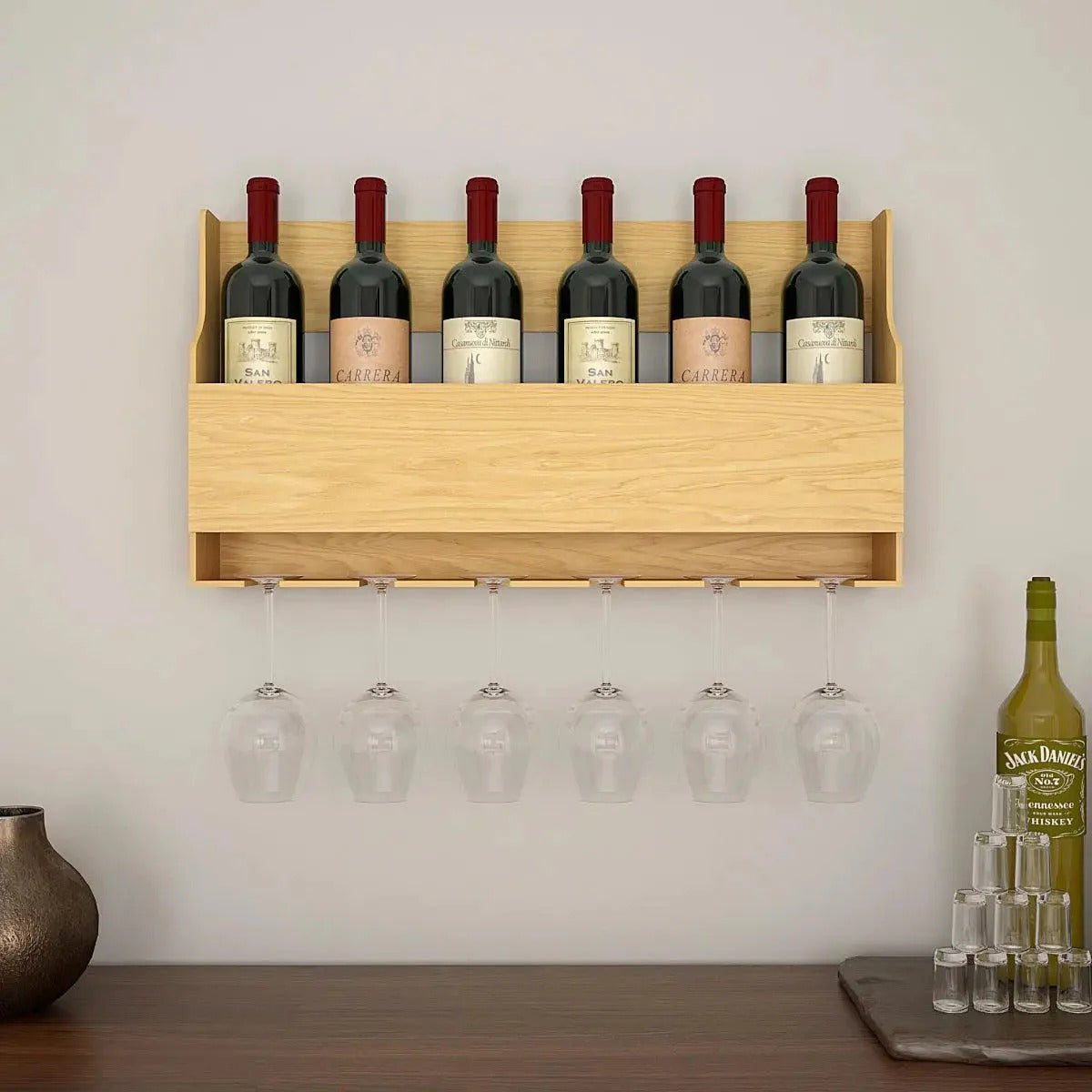 Look Backlit MDF Mini Bar Wall Shelf in Light Oak Finish