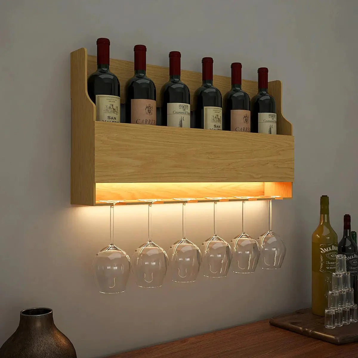 Backlit MDF Mini Bar Wall Shelf in Light Oak Finish