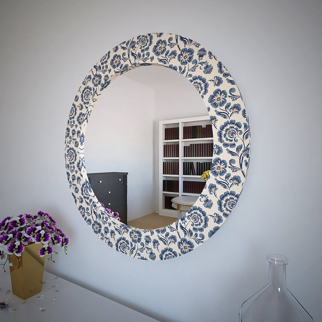 Blue Flowers Printed Frame Wall Mirror