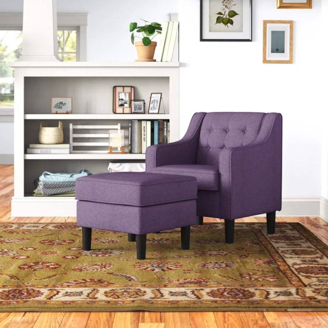 Purple Color Tufted Comfy Lounge Chair with Ottoman