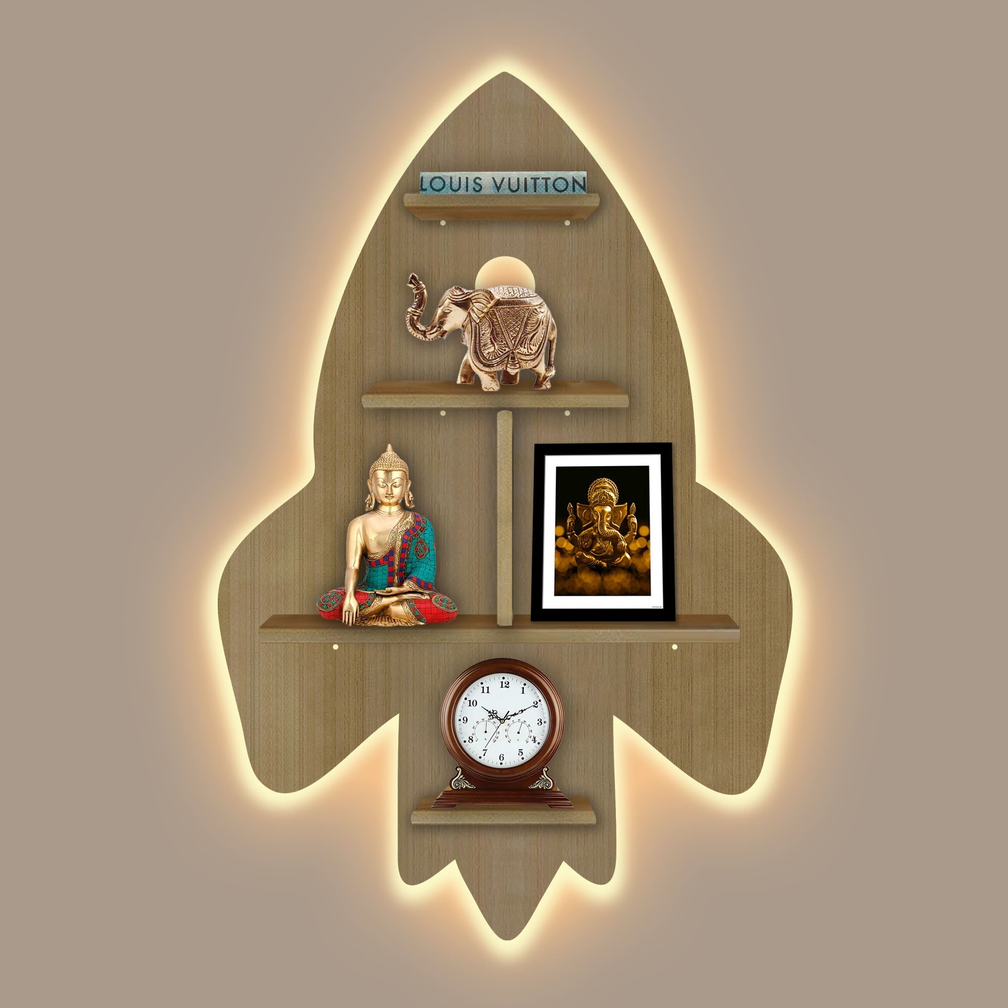 Rocket Shape Wooden Wall Shelf LED Light Wall Shelf with Oak Finish