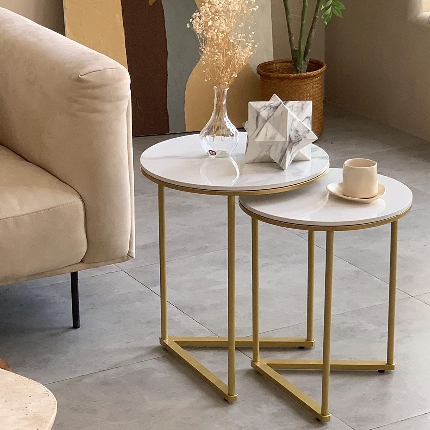 Round Shape Iron Stand Side Marble Table Set of 2 Home Decor