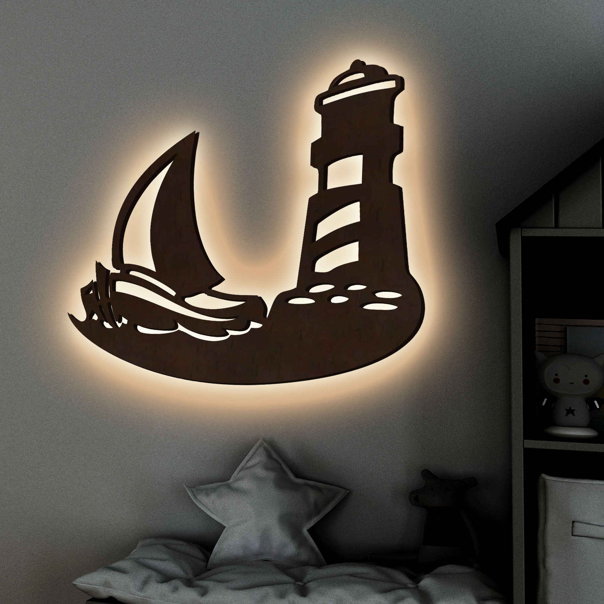 Sailboat Lighthouse Backlit Wooden Wall Decor