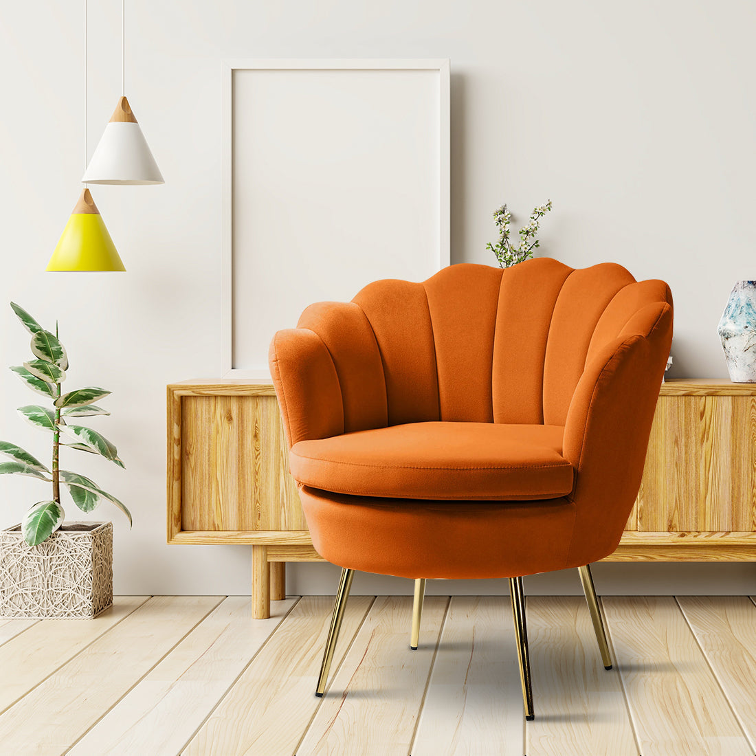 Shell Motif Luxury Design Mustard Velvet Lounge Chair