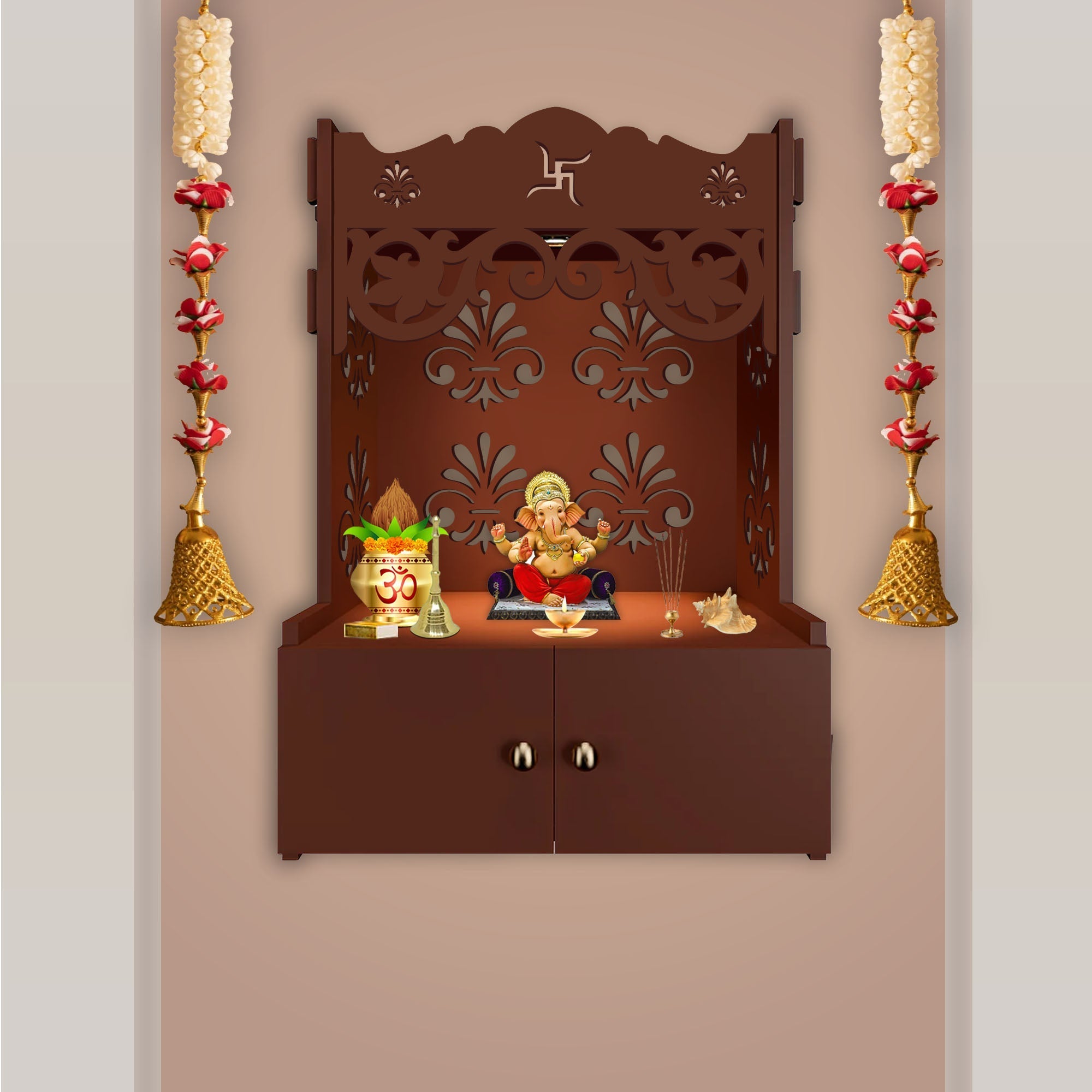 Shubh Labh Symbol Brown Wooden Wall Temple