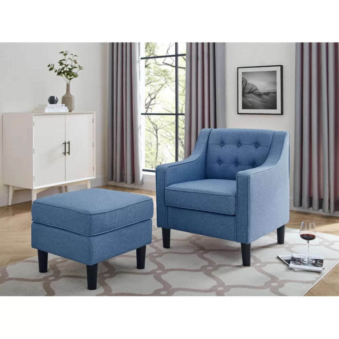 Skyblue Color Tufted Comfy Accent Chair with Ottoman