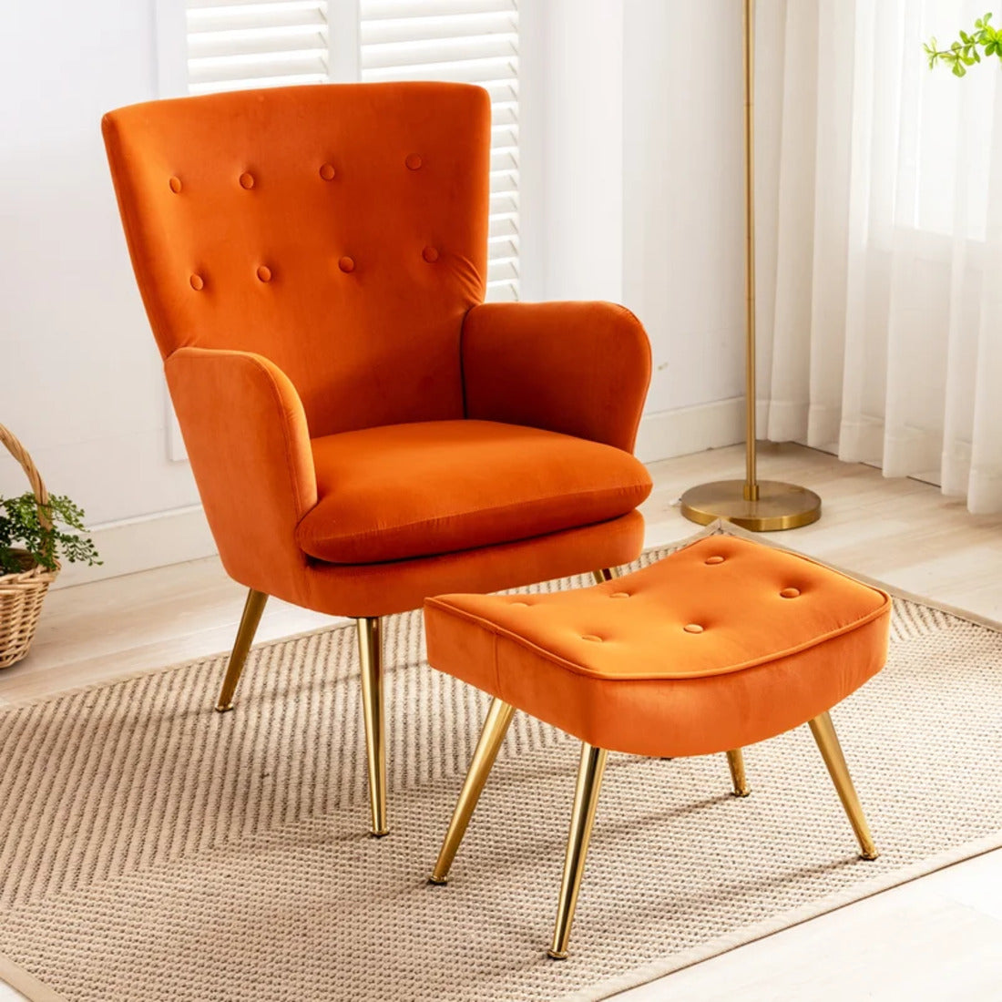 Tufted Long Back Orange Color Lounge Chair with Ottoman