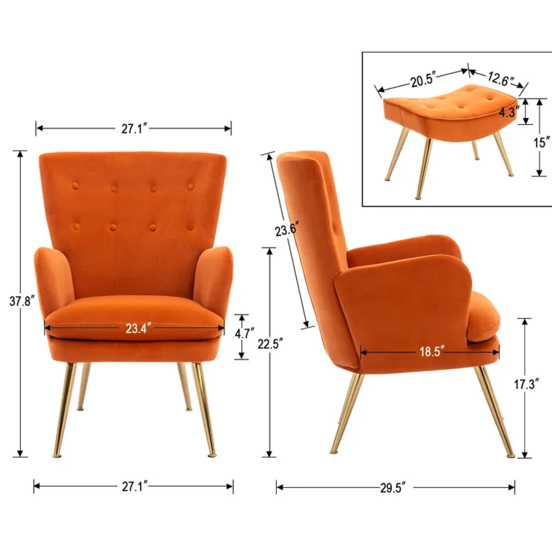Long Back Orange Color Chair with Ottoman