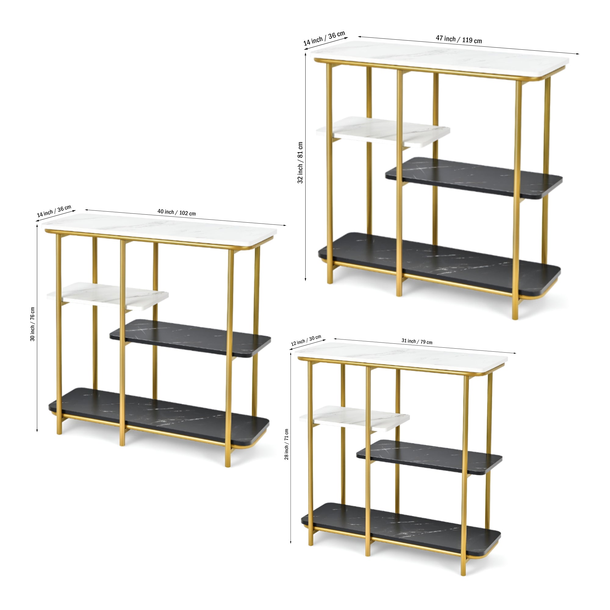Two Different Colored Surfaces Four-Tier White & Black Marble Gold Console Table