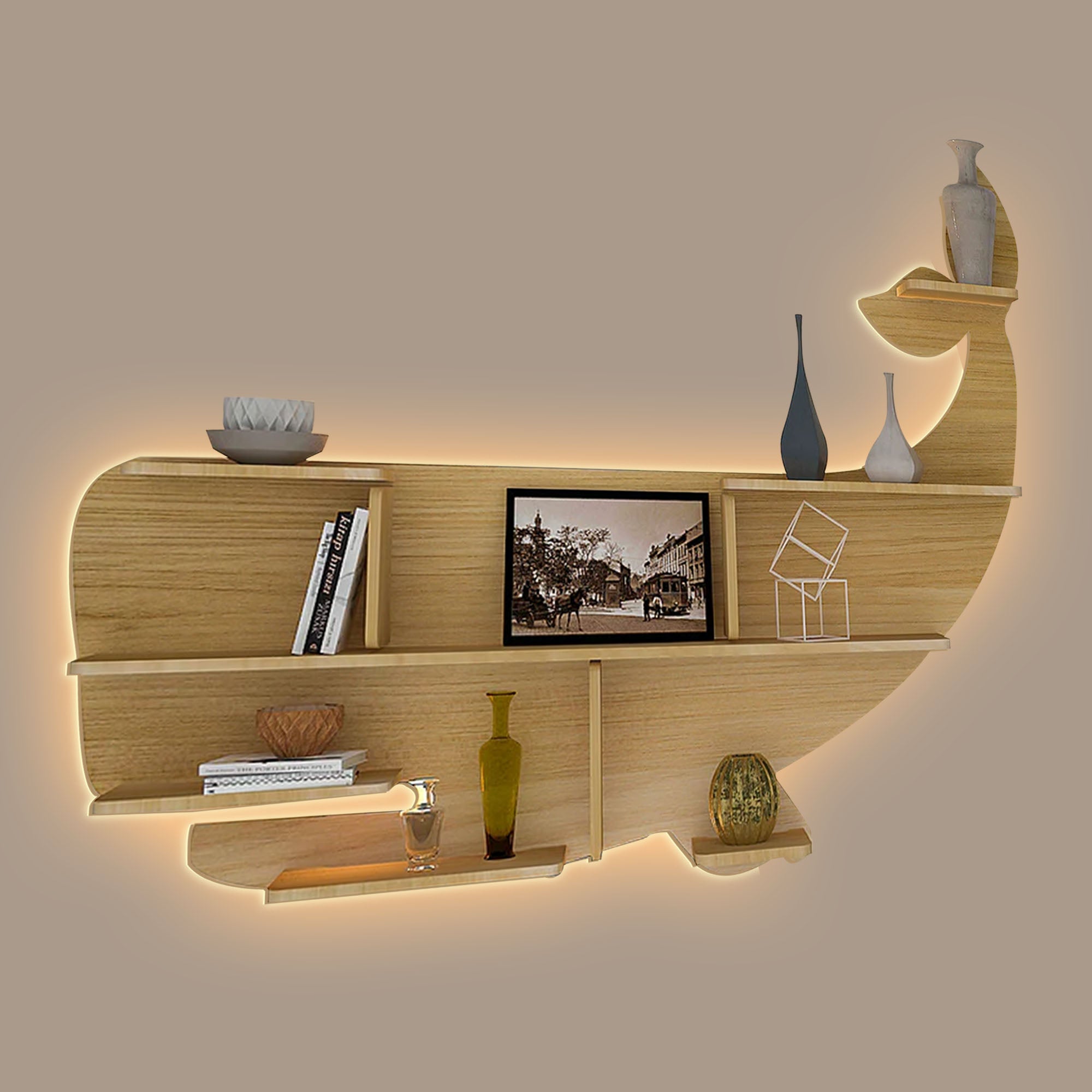 Whale Backlit Designer Wooden Wall Shelf