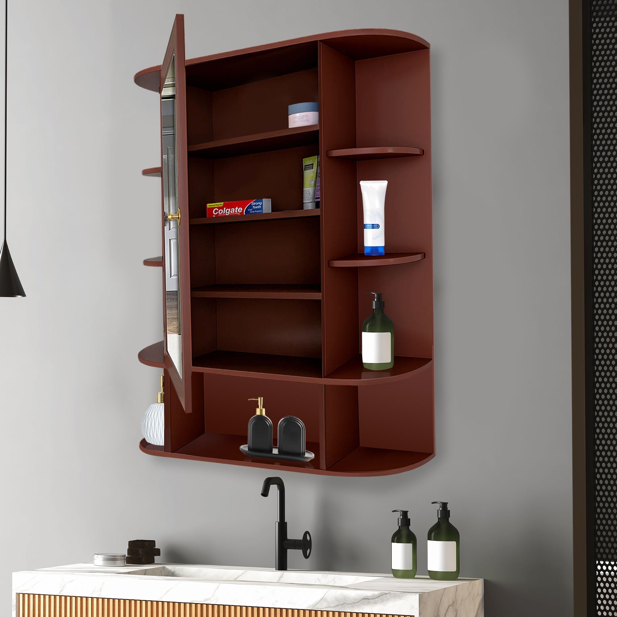 Bathroom Mirror Cabinet with 13 Shelves with Brown Finish
