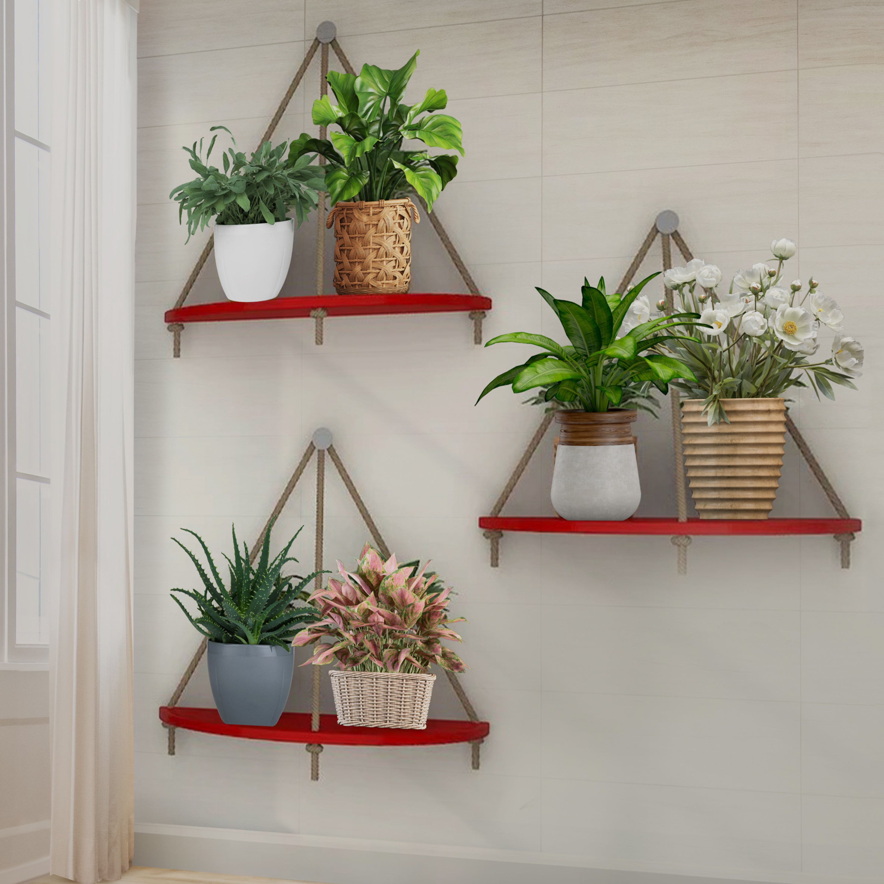 hanging board for plants Wooden Wall Hanging Curved Shape Planter Shelf with Rope (Red) – Vibecrafts