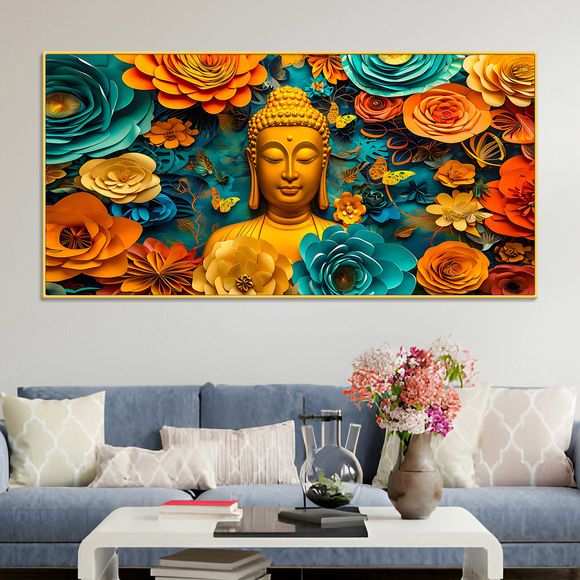 Vibrant Buddha Wall Painting with Multicolor Floral Artwork