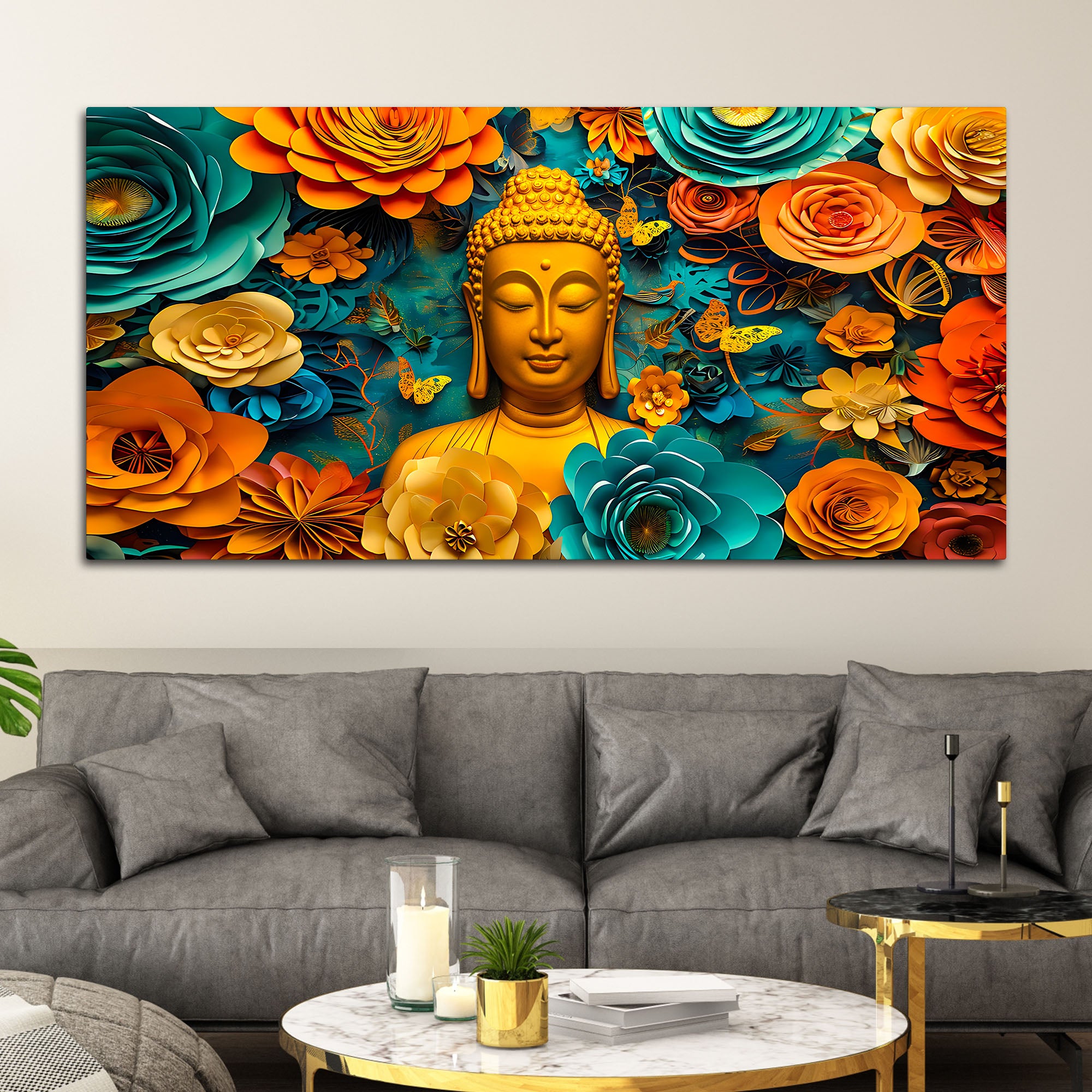 Vibrant Buddha Wall Painting with Multicolor Floral Artwork