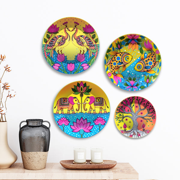 Vibrant Folk Color Splash Art Premium Wall Plates Painting Set of Four