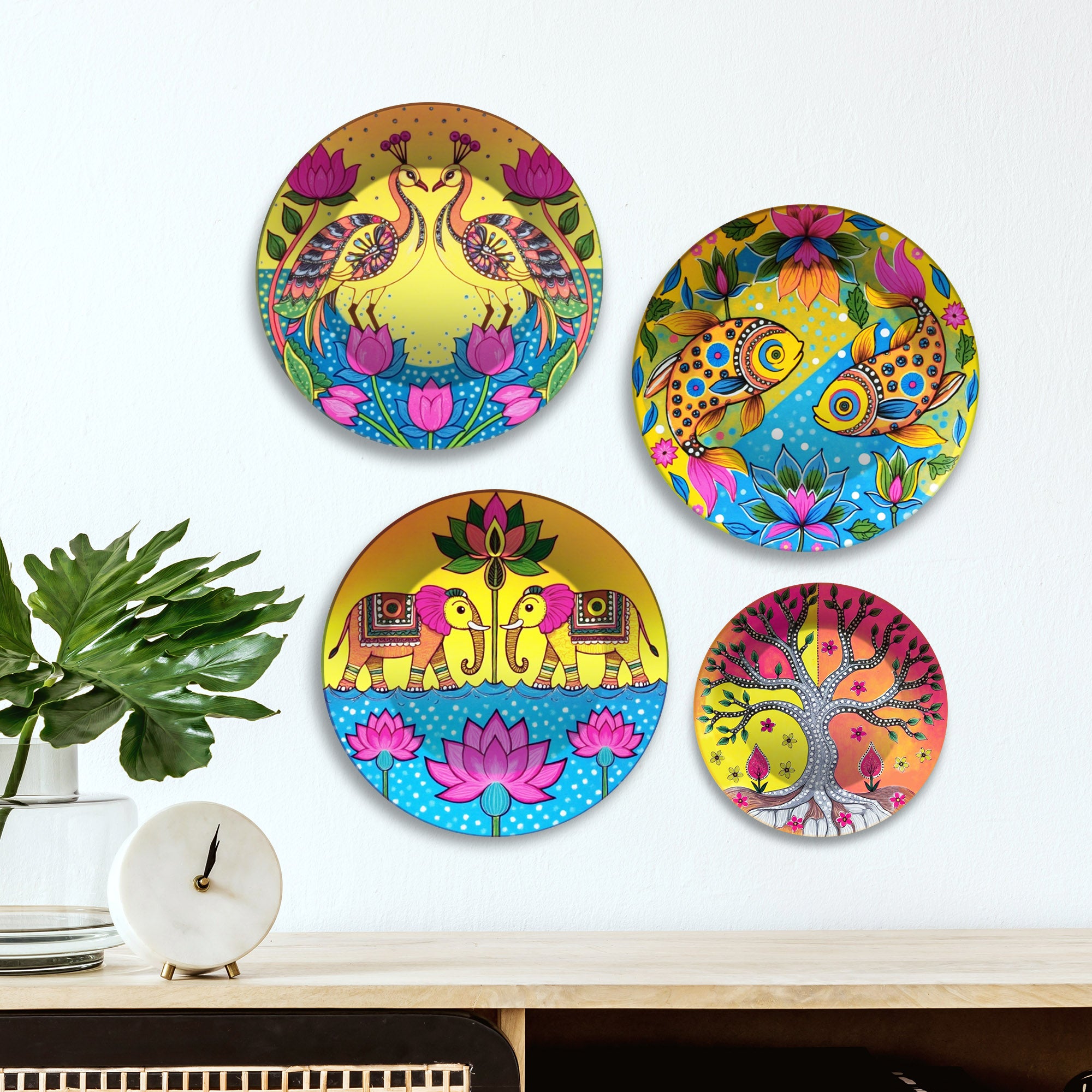 Vibrant Folk Color Splash Art Premium Wall Plates Painting Set of Four