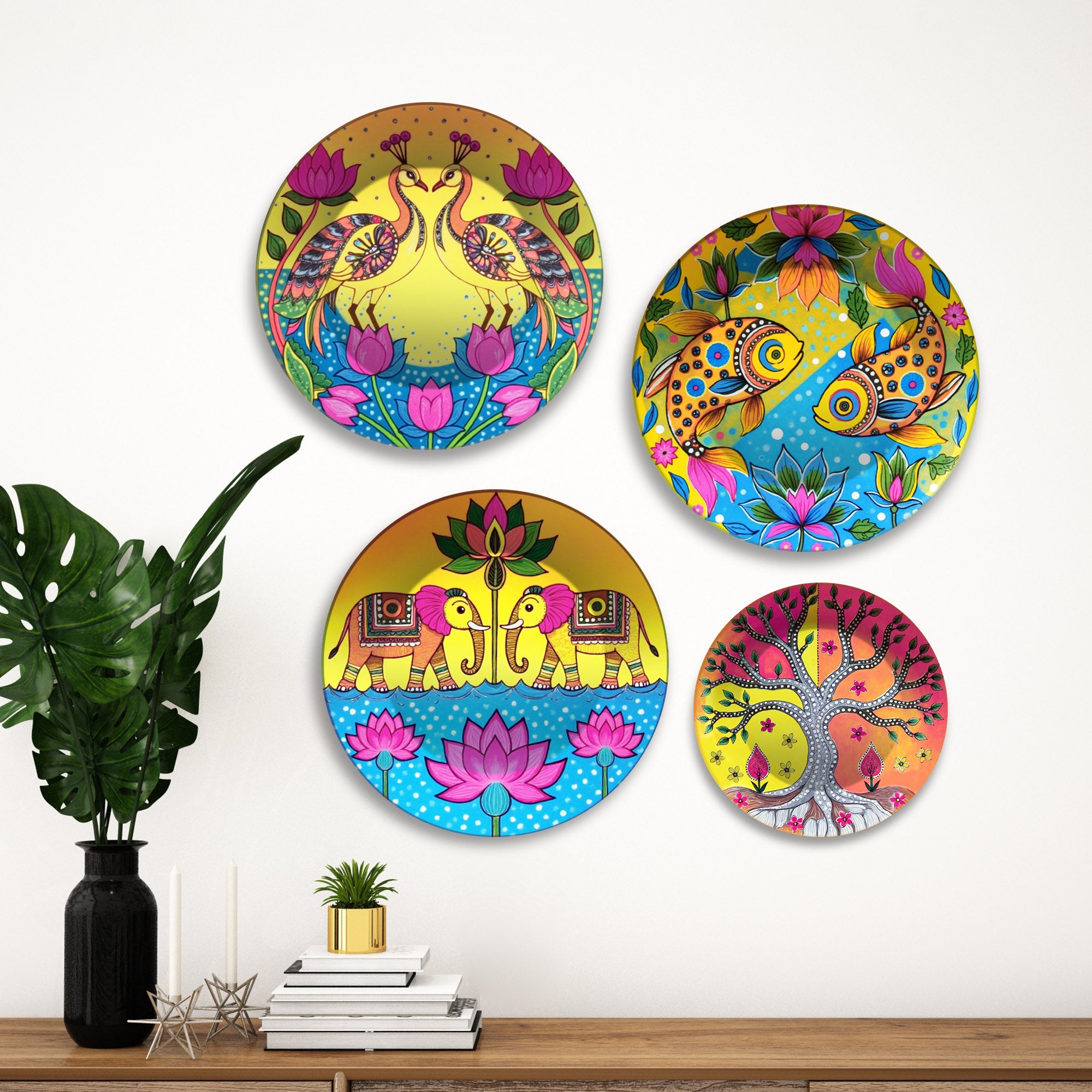 Vibrant Folk Color Splash Art Premium Wall Plates Painting Set of Four