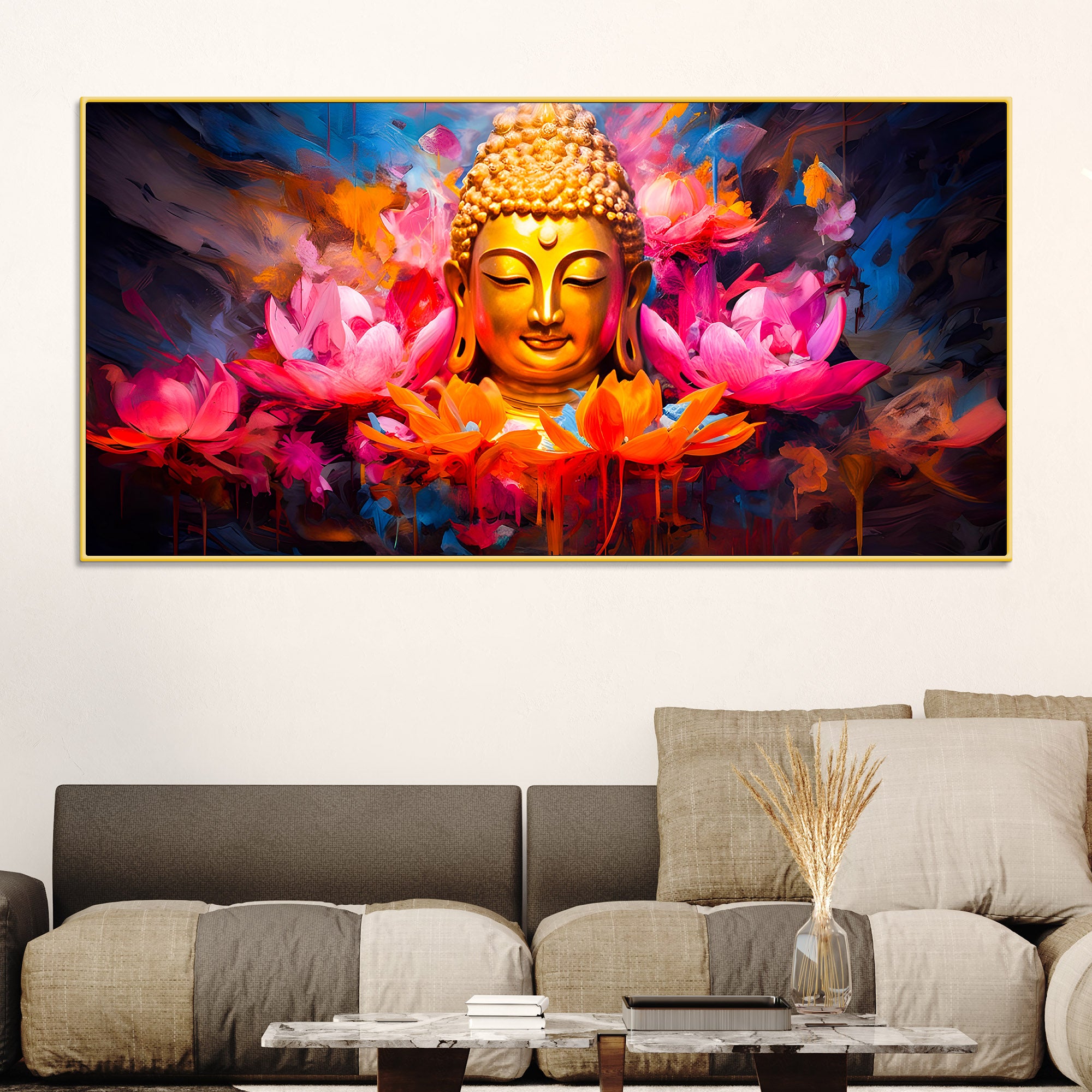 Vibrant Gautam Buddha Lotus Wall Painting for Luxury Living Room